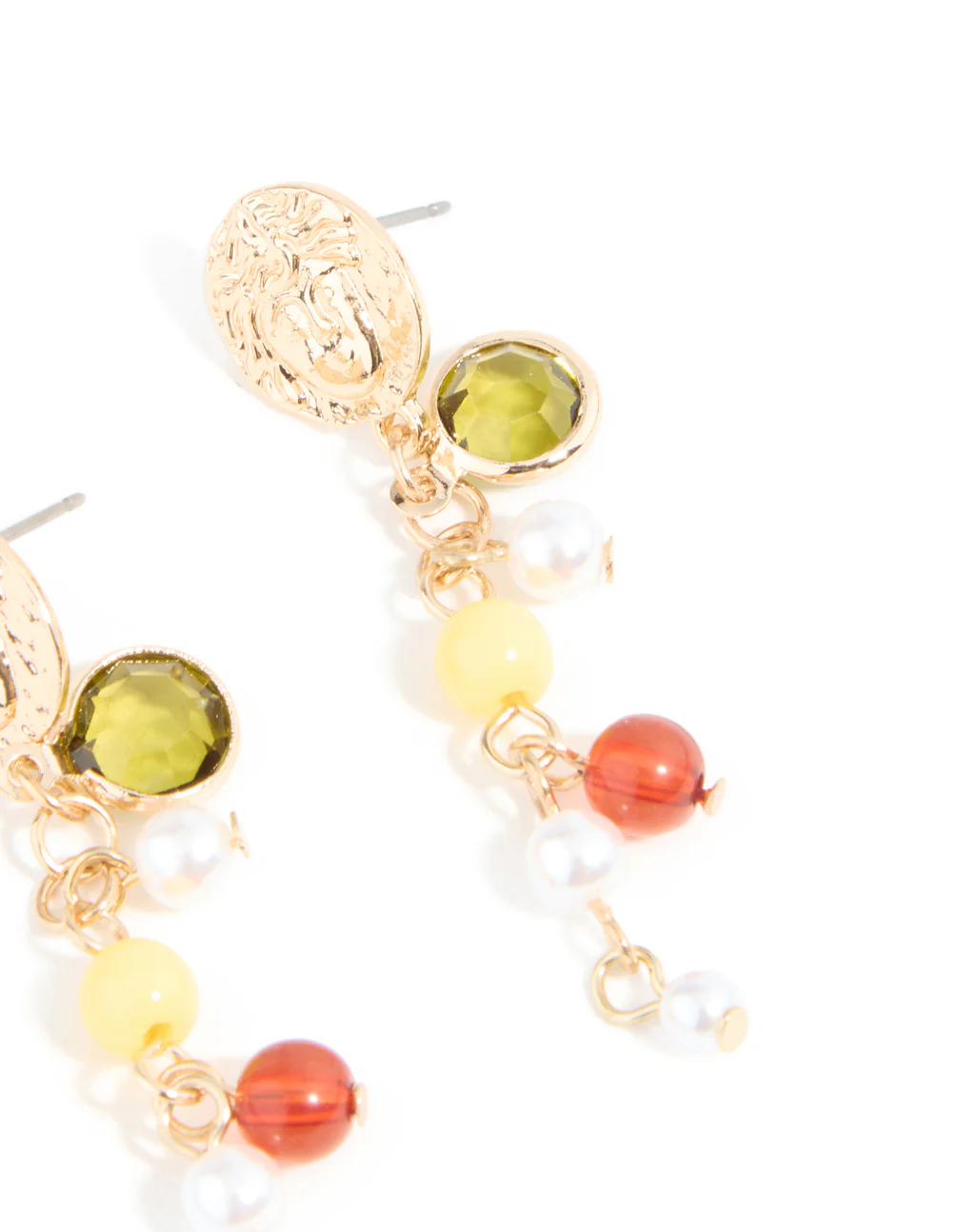 Gold Multicoloured Beaded & Molten Disc Drop Earrings - Image 5