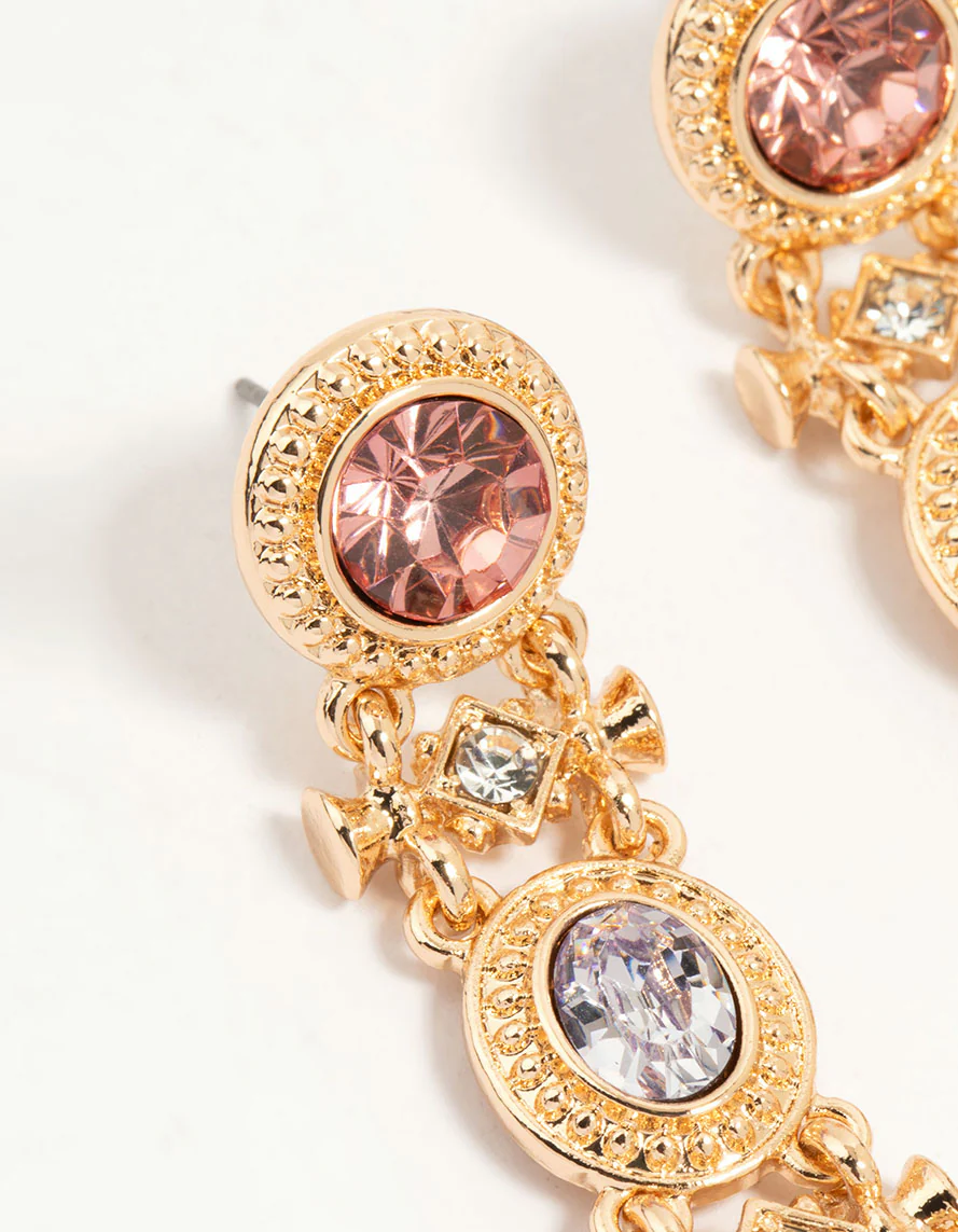 Gold Multicoloured Diamante Link Drop Earrings - Image 4