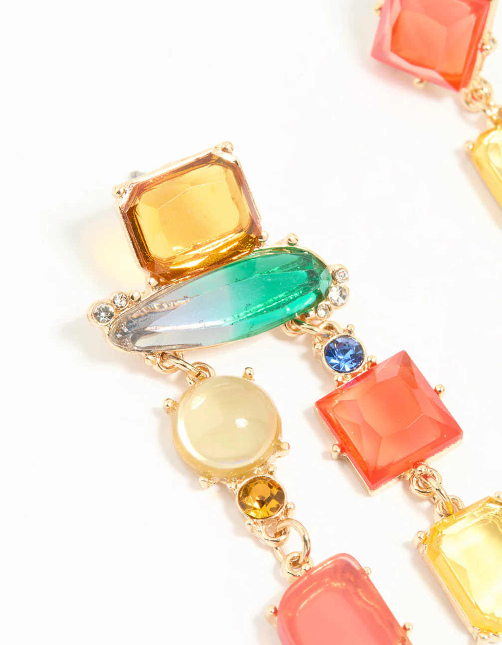 Gold Multicoloured Diamante Mismatched Drop Earrings - Image 4