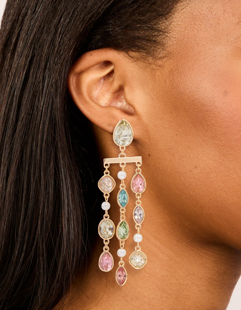 Gold Multicoloured Diamante Pear Drop Earrings - Image 2