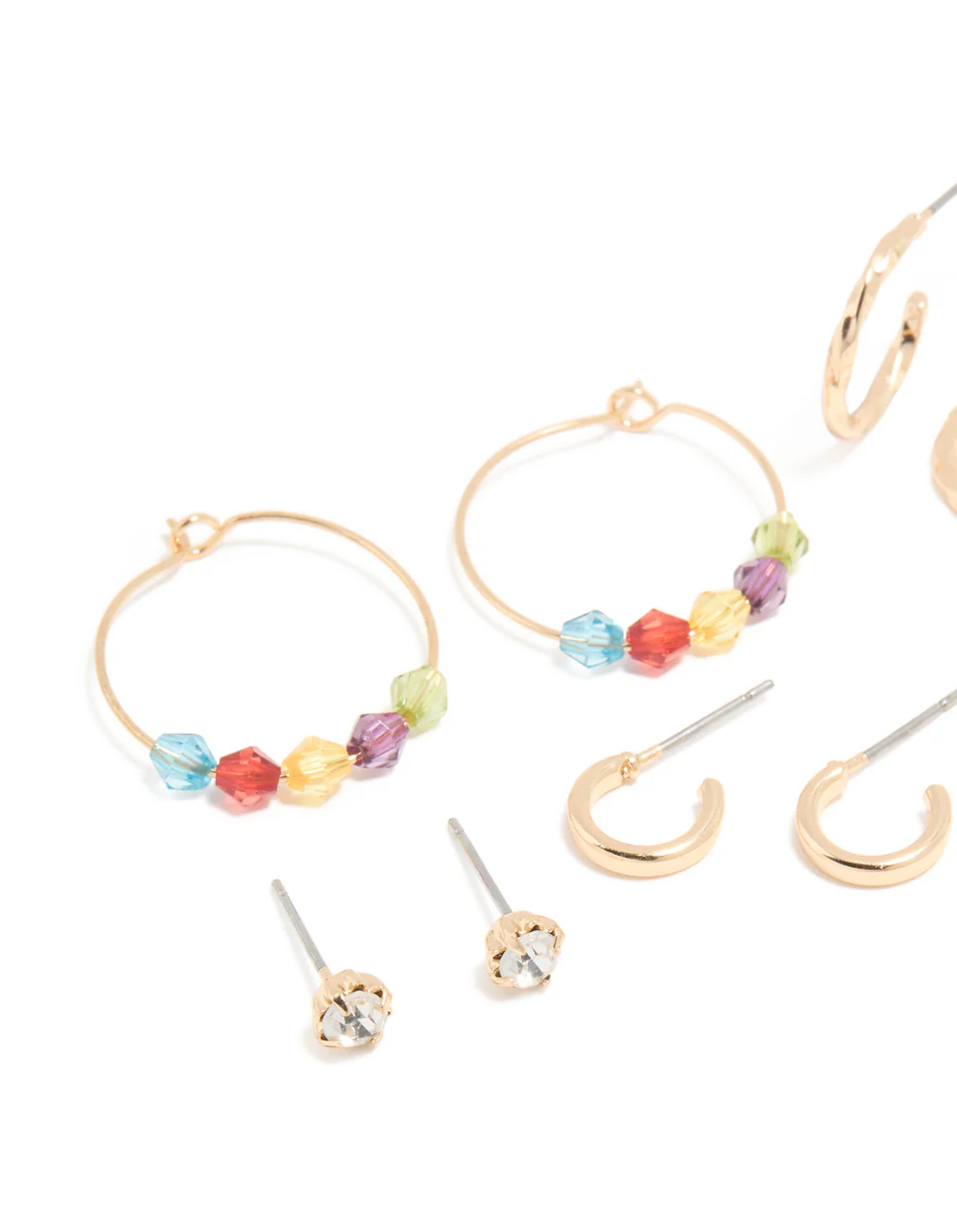 Gold Multicoloured Diamante Stud & Hoop Earrings 7-Pack - Image 2