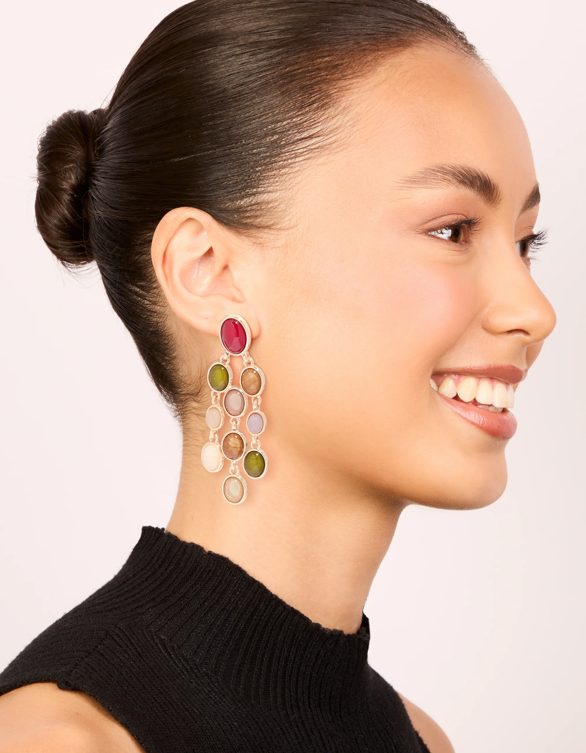 Gold Multicoloured Stones Drop Earrings - Image 3