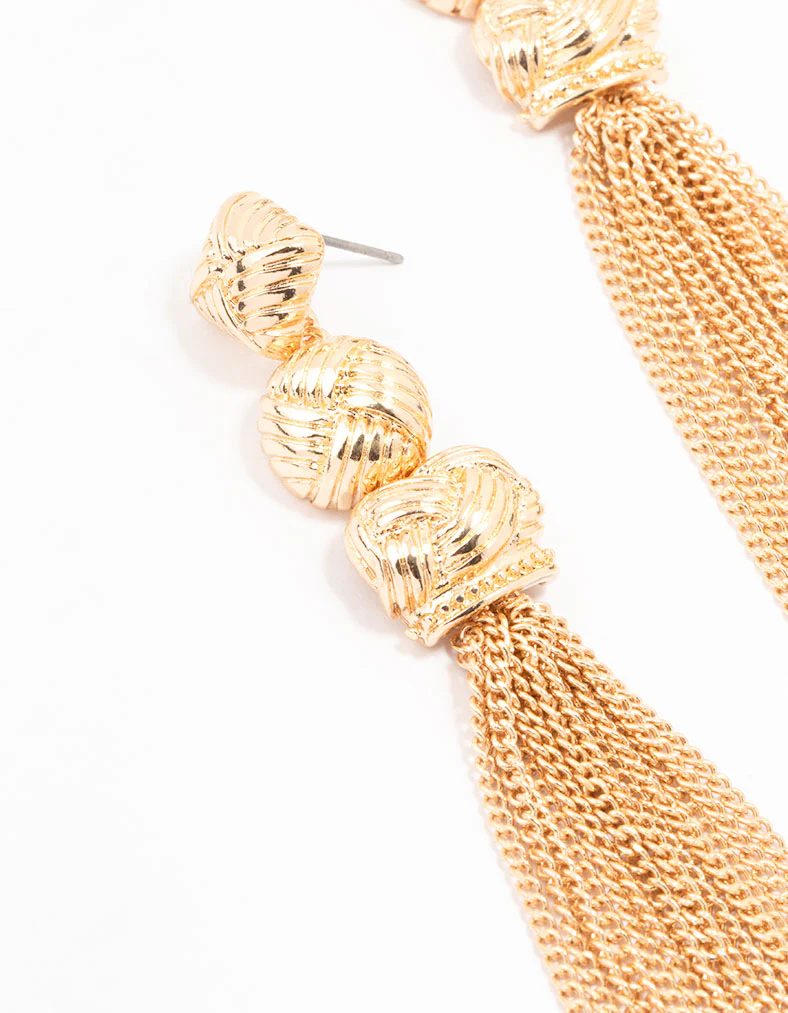 Gold Knit Tassel Drop Earrings - Image 2