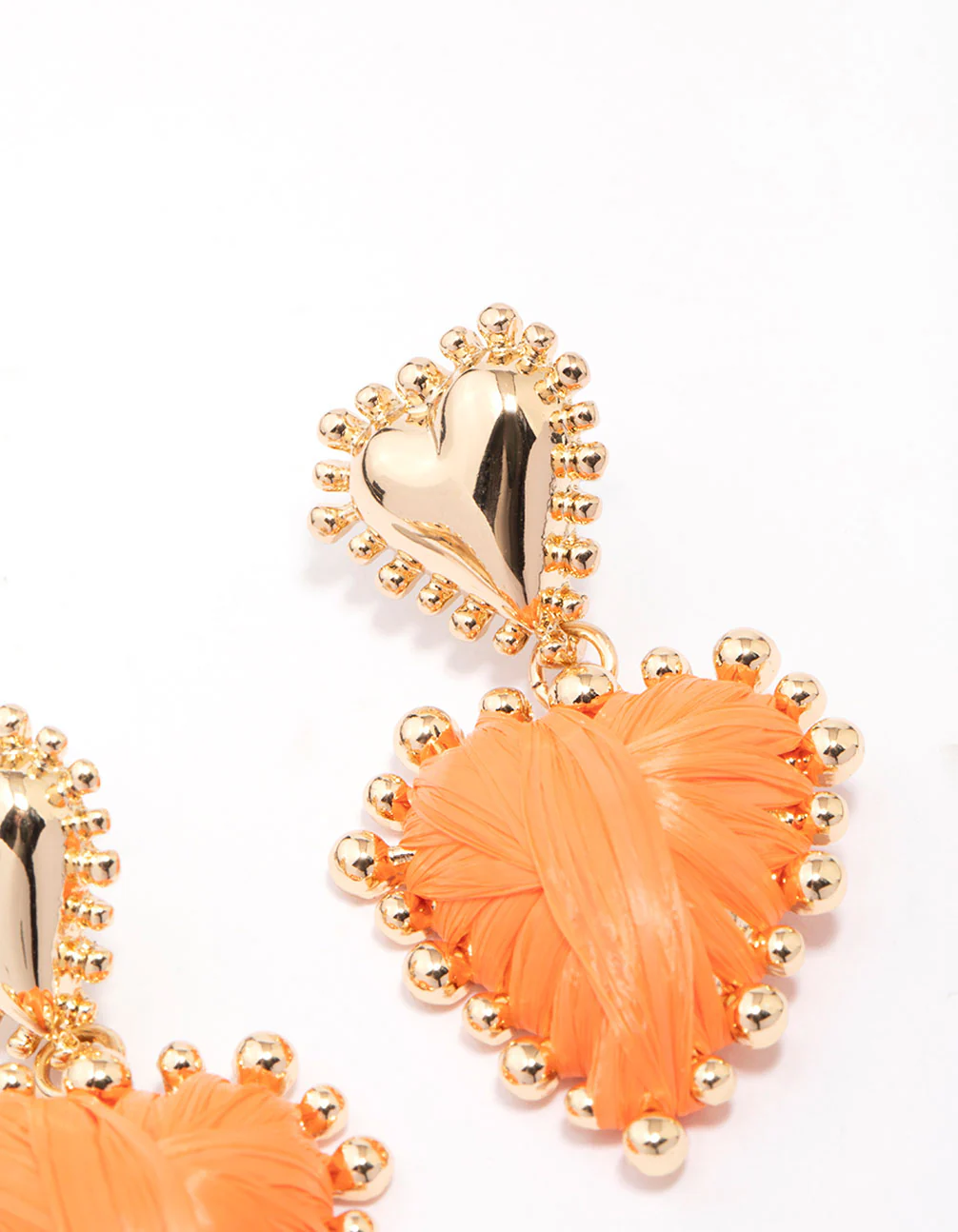 Gold & Orange Raffia Wrap Heart Stud Earrings - Image 3