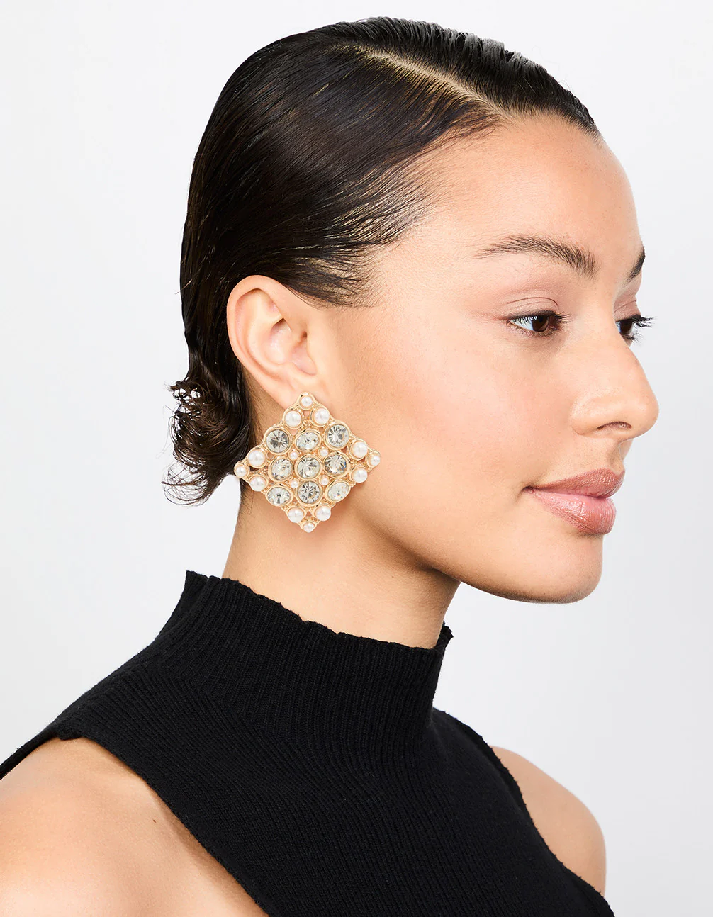 Gold Pearl & Diamante Square Stud Earrings - Image 3