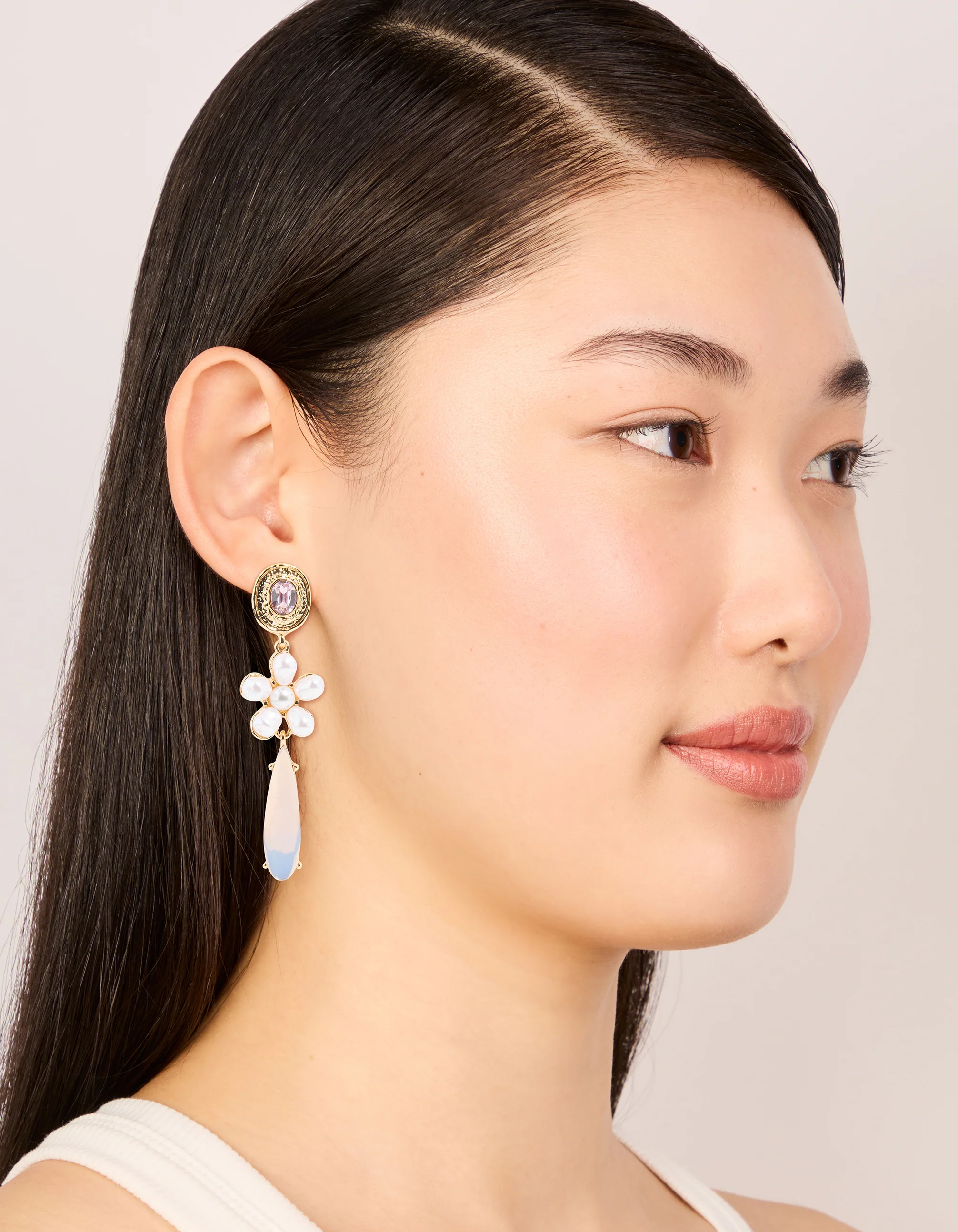Gold Pearl & Flower Drop Earrings - Image 3