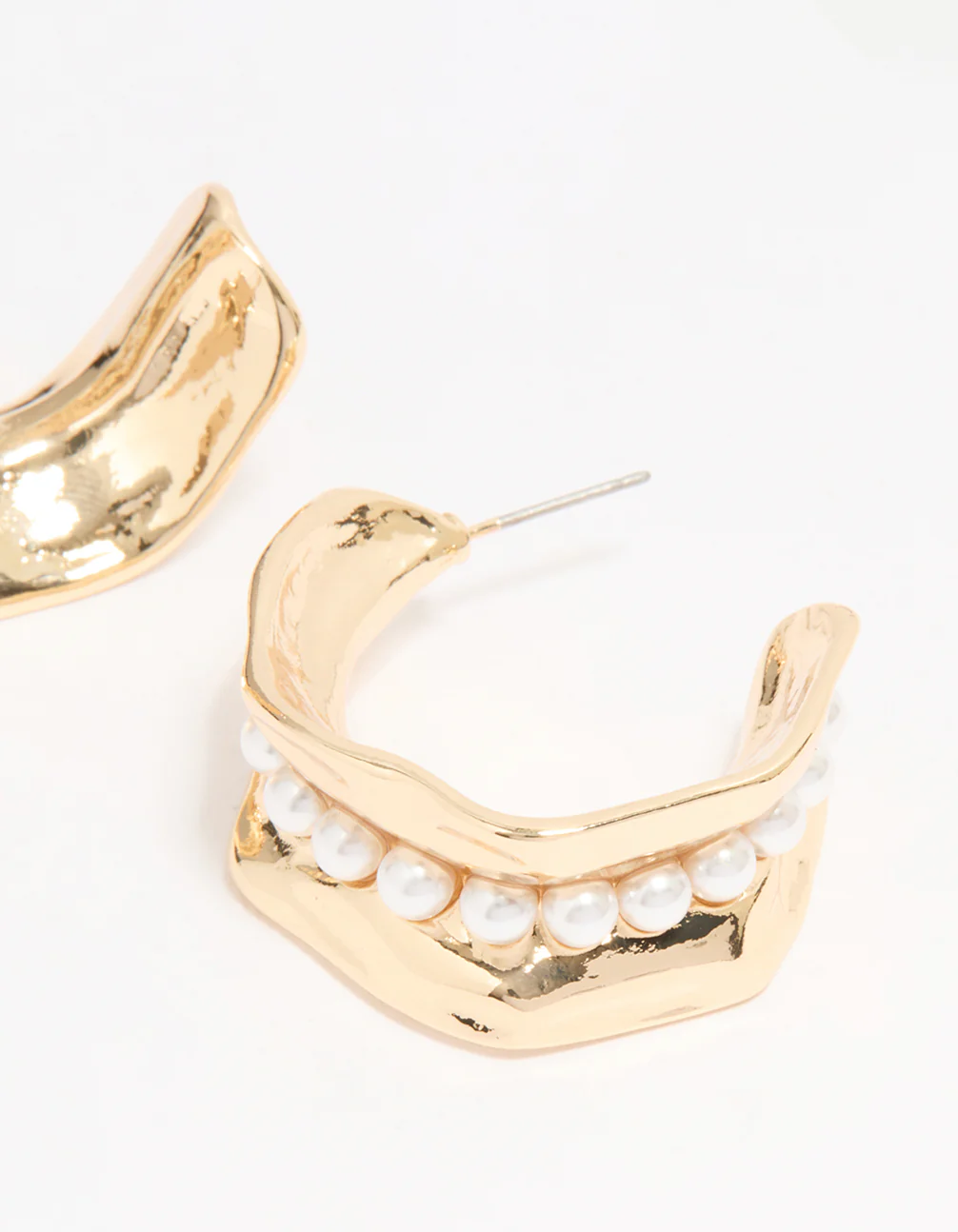 Gold Pearl Molten Thick Hoop Earrings - Image 5