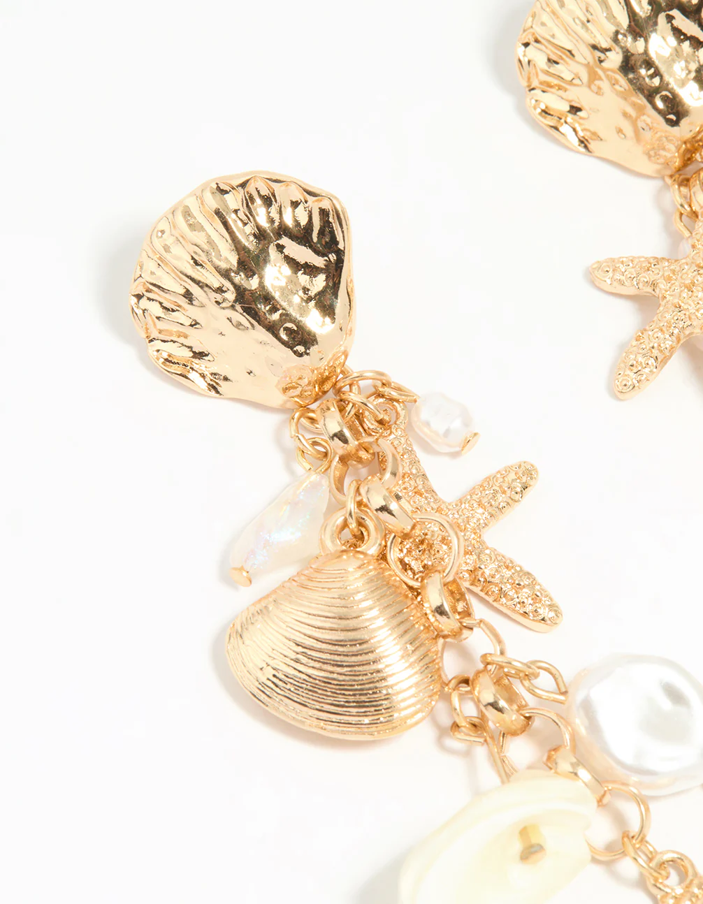 Gold Pearl & Ribbed Shall Charm Drop Earrings - Image 4