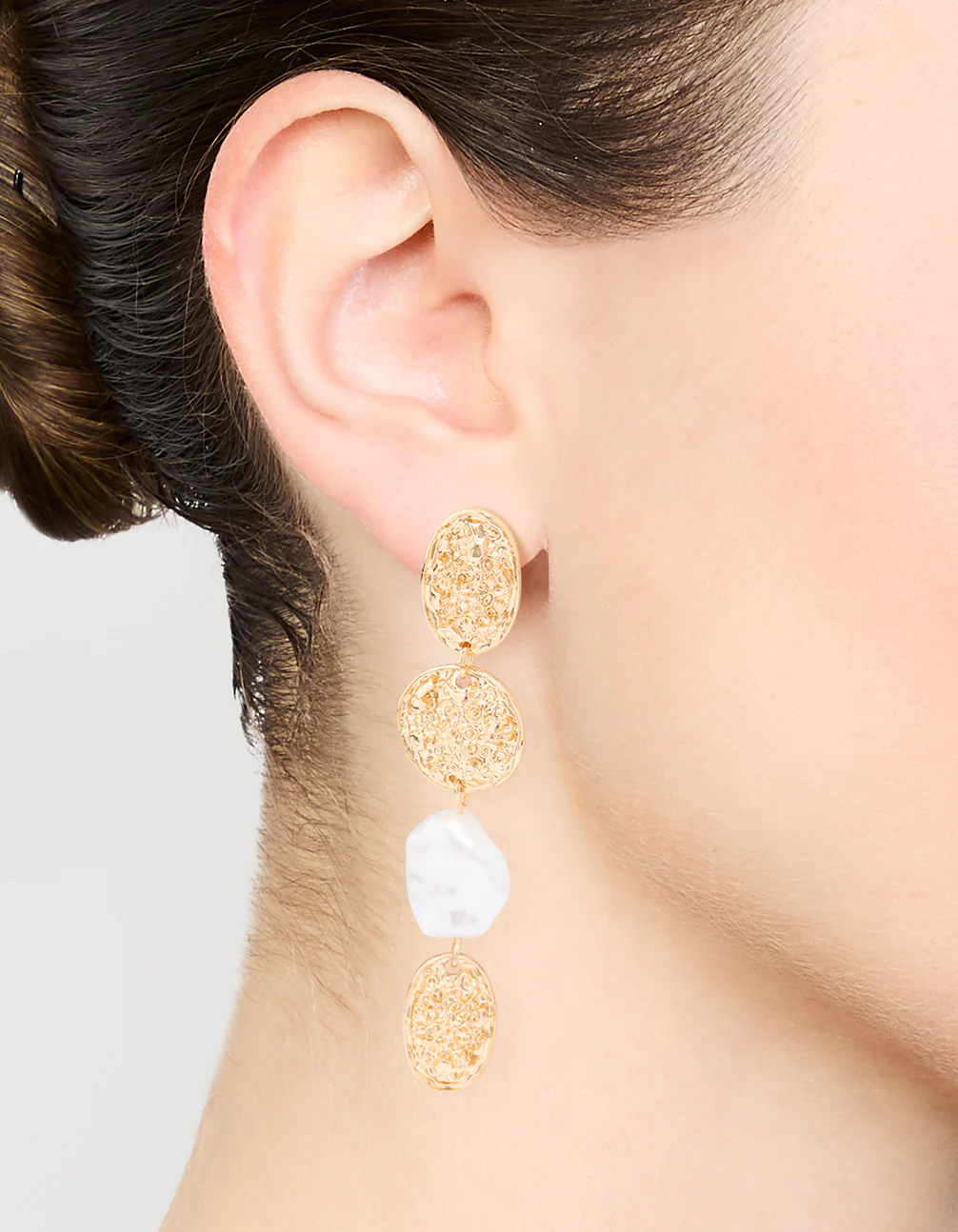 Gold Pearl Textured Drop Earrings - Image 2
