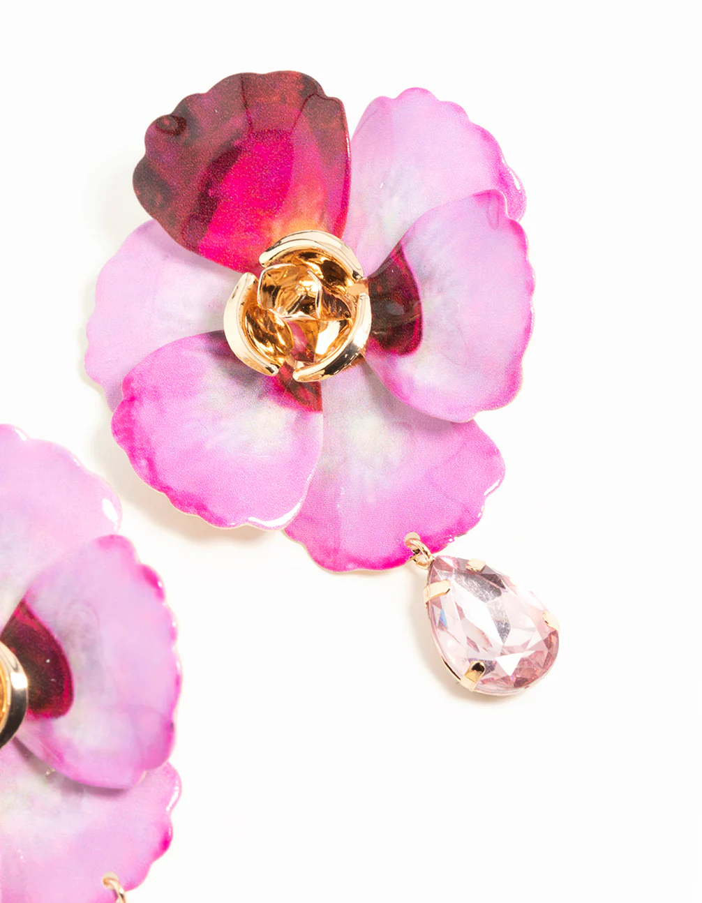 Gold Pink Coated Metal Diamante Flower Drop Earrings - Image 5