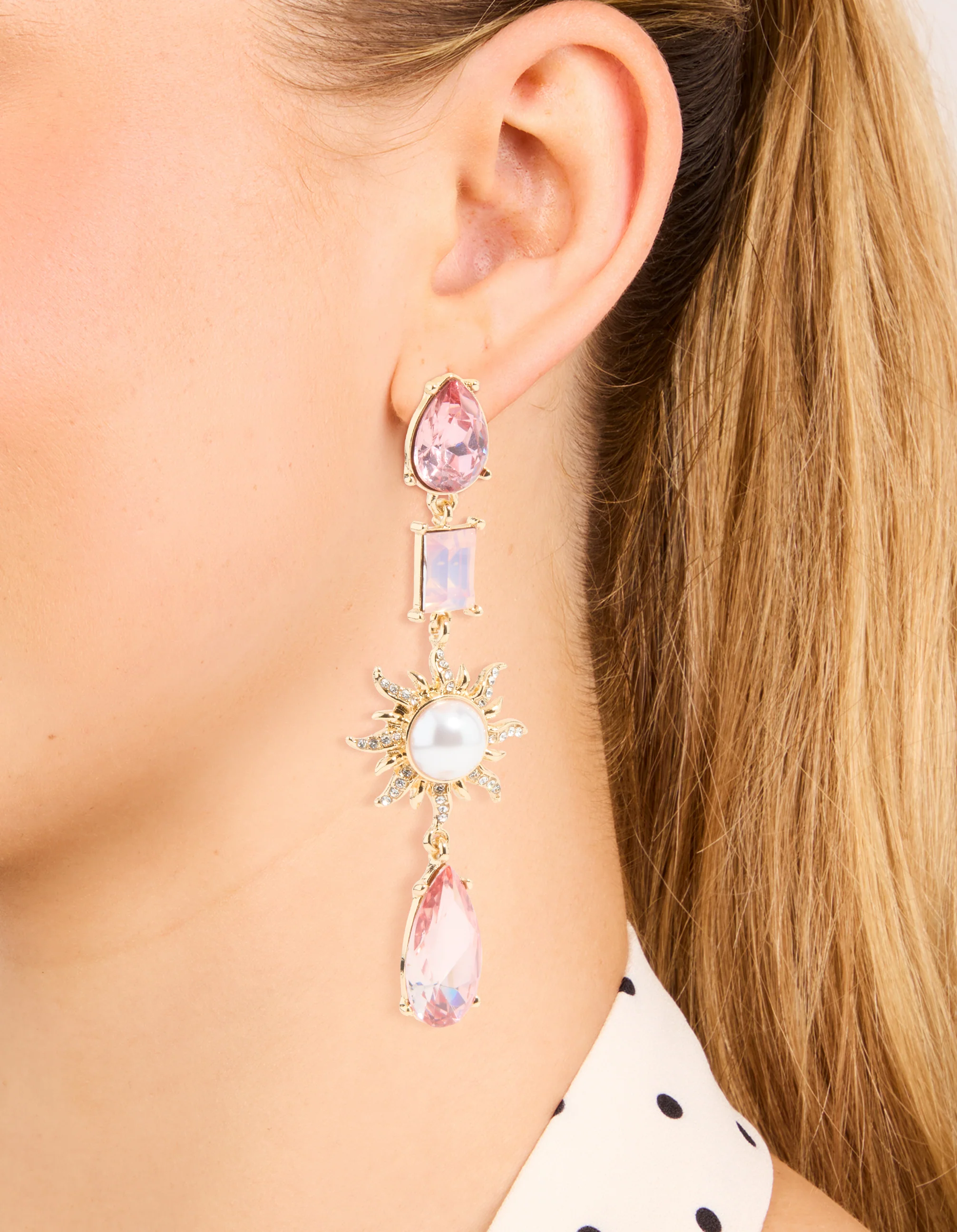 Gold Pink Diamante & Pearl Sun Drop Earrings - Image 2