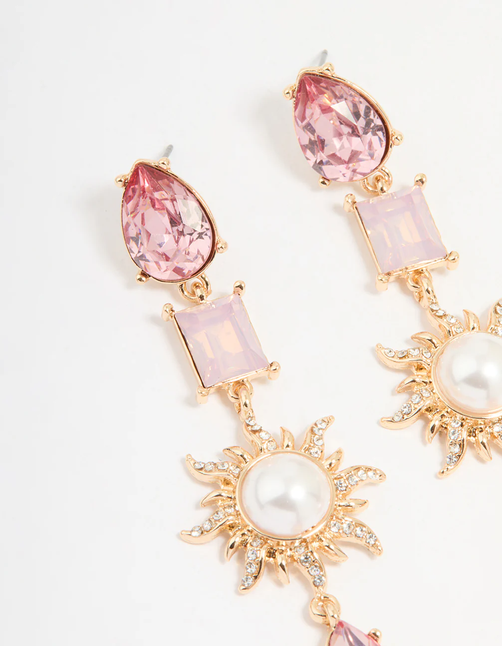 Gold Pink Diamante & Pearl Sun Drop Earrings - Image 4