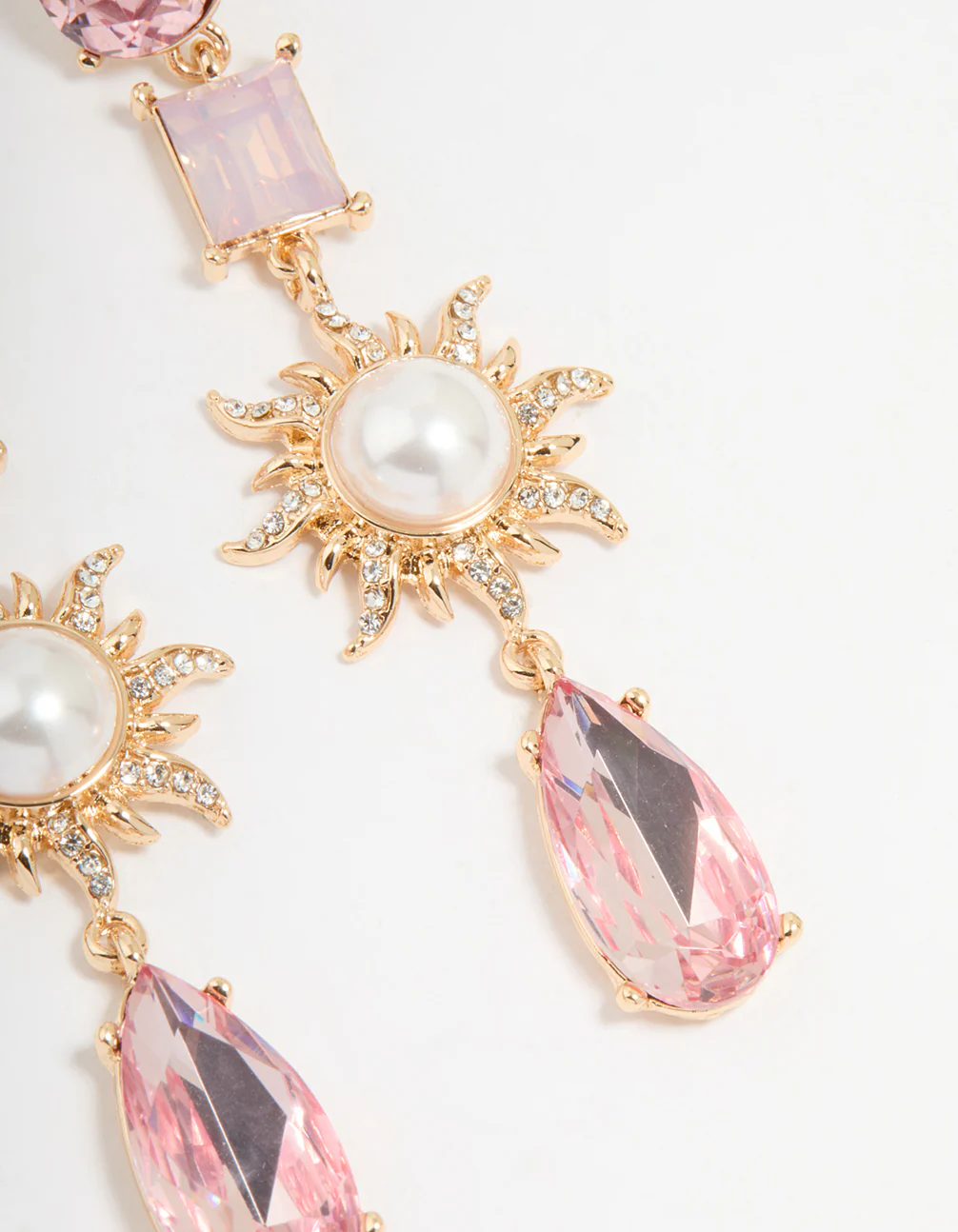 Gold Pink Diamante & Pearl Sun Drop Earrings - Image 5