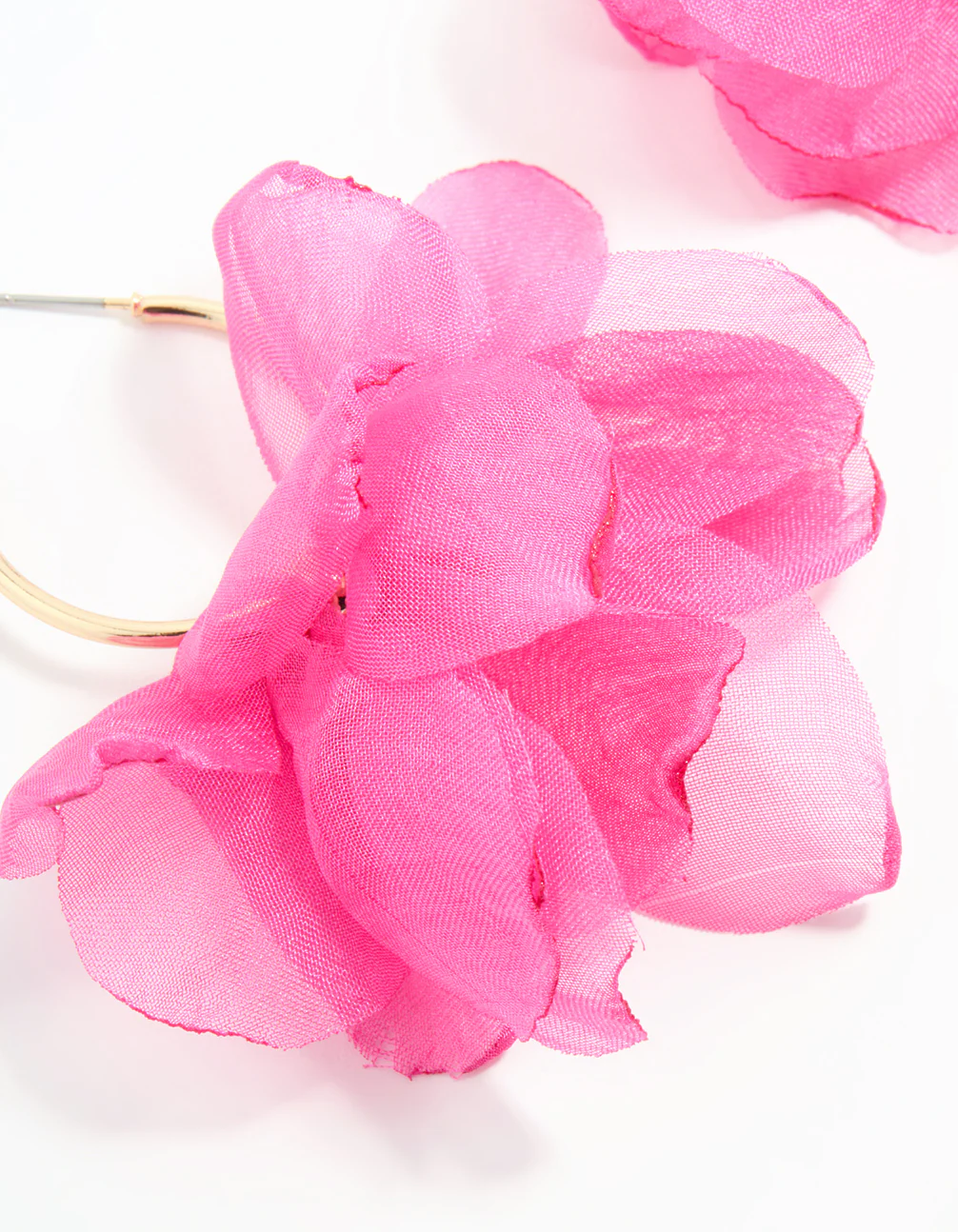 Gold Pink Fabric Flower Hoop Earrings - Image 4