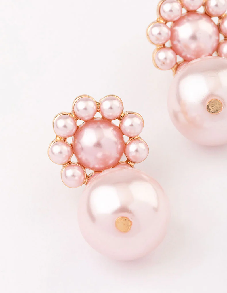 Gold Pink Flower & Pearl Drop Earrings - Image 2