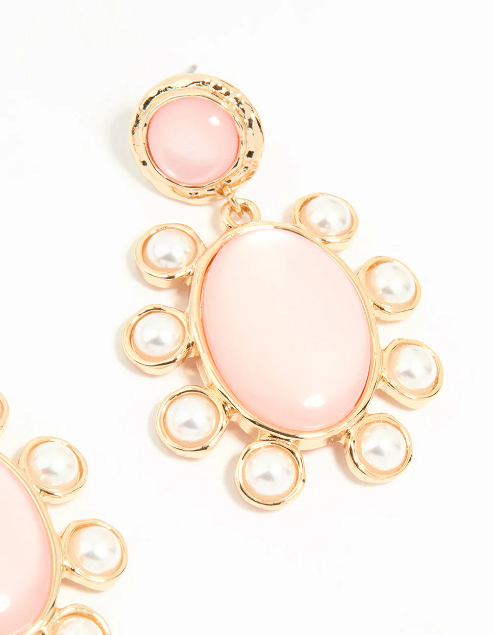 Gold Pink Stone Flower Drop Earrings - Image 5
