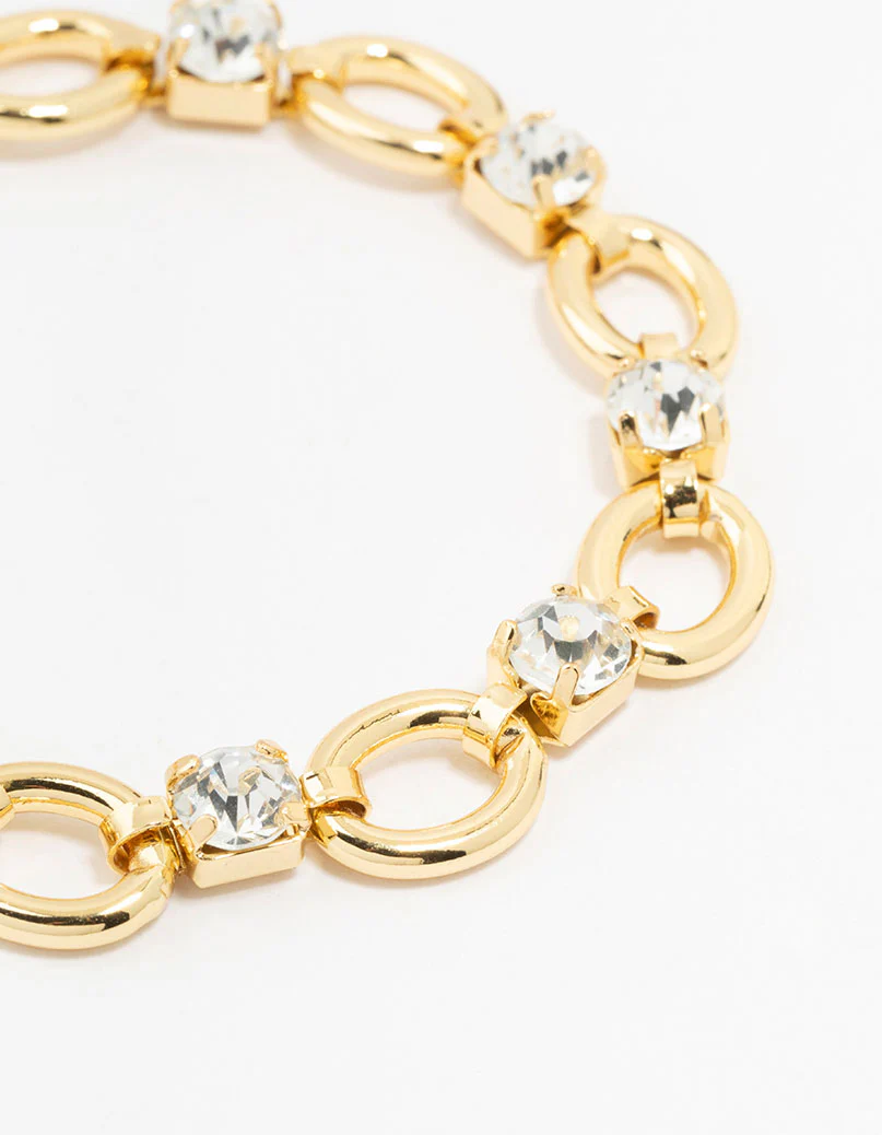Gold Plated Brass Alternating Oval & Crystal Bracelet - Image 2