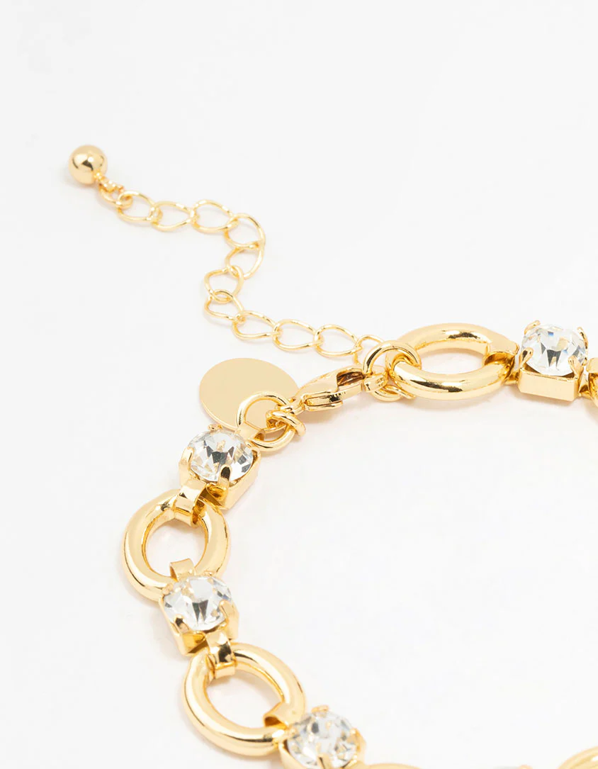 Gold Plated Brass Alternating Oval & Crystal Bracelet - Image 3