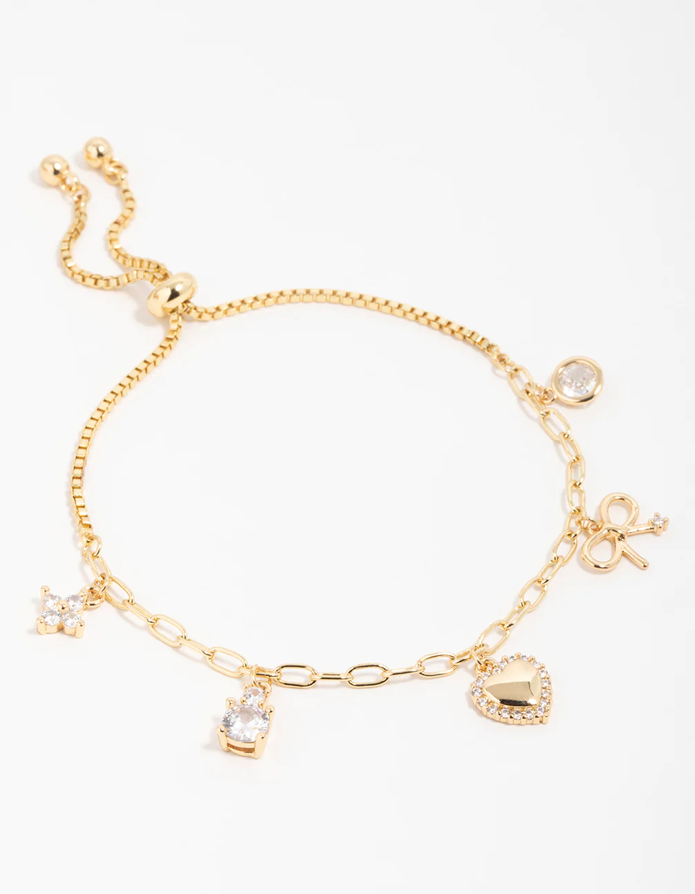 Gold Plated Brass Cubic Zirconia Heart & Bow Charm Toggle Bracelet