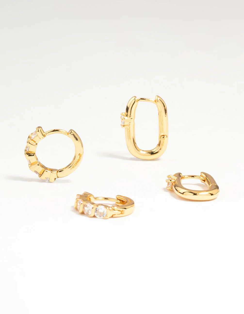 Gold Plated Brass Cubic Zirconia & Oval Huggie Earrings 2-Pack