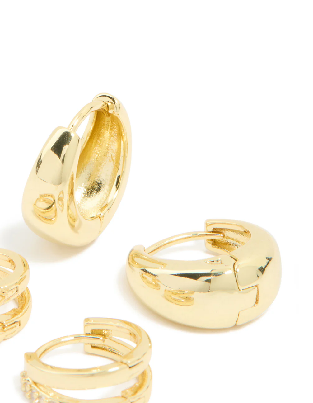 Gold Plated Brass Cubic Zirconia & Smooth Huggie Earrings 2-Pack - Image 5
