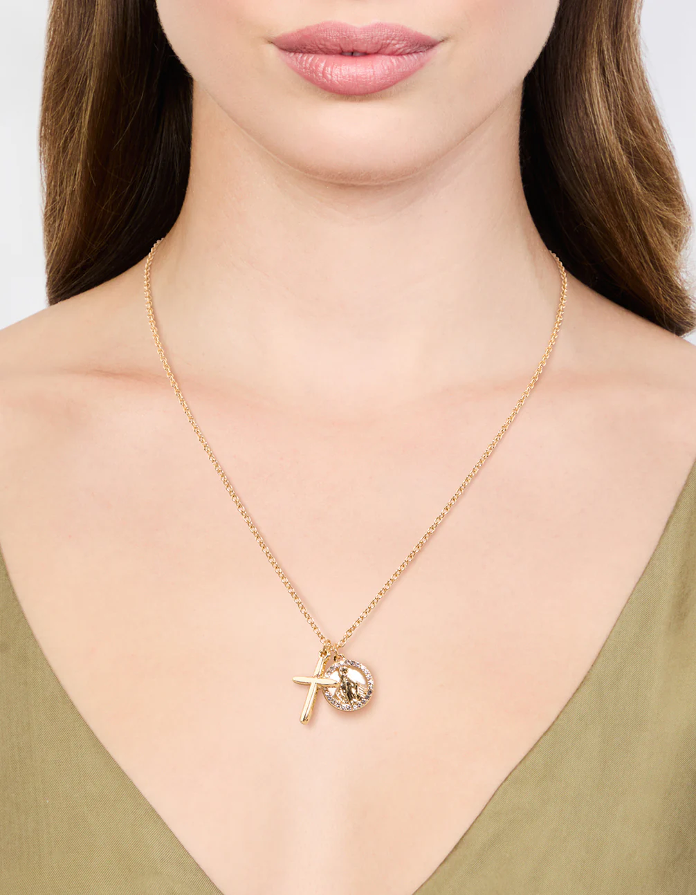 Gold Plated Cross & Mary Charm Necklace - Image 2