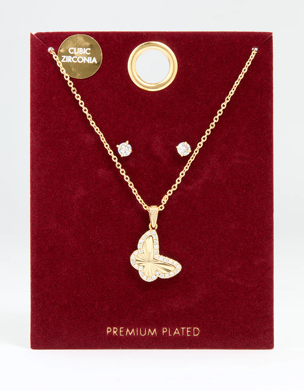 Gold Plated Cubic Zirconia Butterfly Necklace & Stud Earrings Set - Image 3