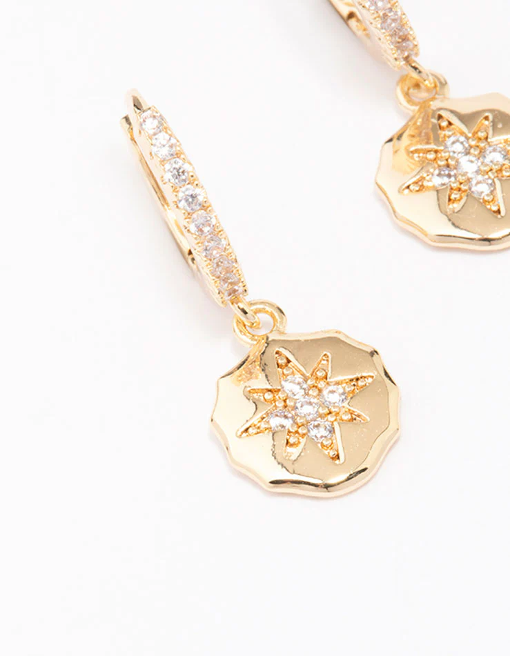 Gold Plated Cubic Zirconia Coin Huggie Hoop Earrings - Image 2