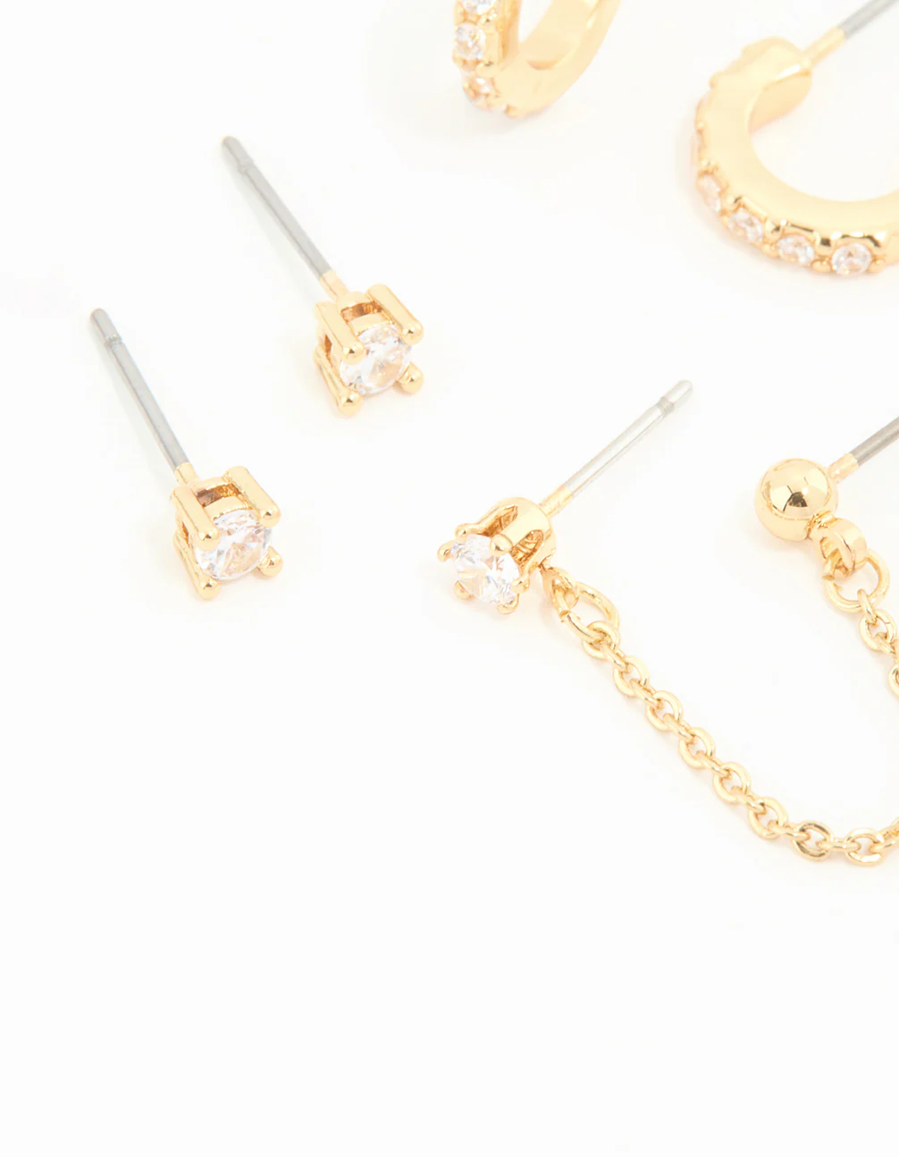 Gold Plated Cubic Zirconia Dainty Chain & Huggie Earrings 4-Pack - Image 2