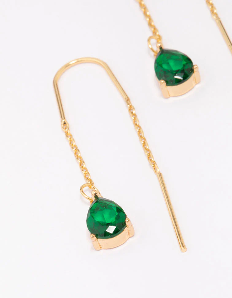 Gold Plated Cubic ZIrconia Emerald Threader Drop Earrings - Image 2