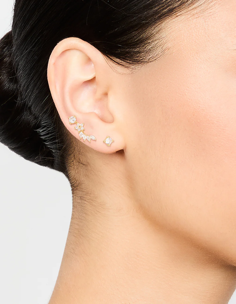 Gold Plated Cubic Zirconia Floral Crawler Stud Earrings 2-Pack - Image 2