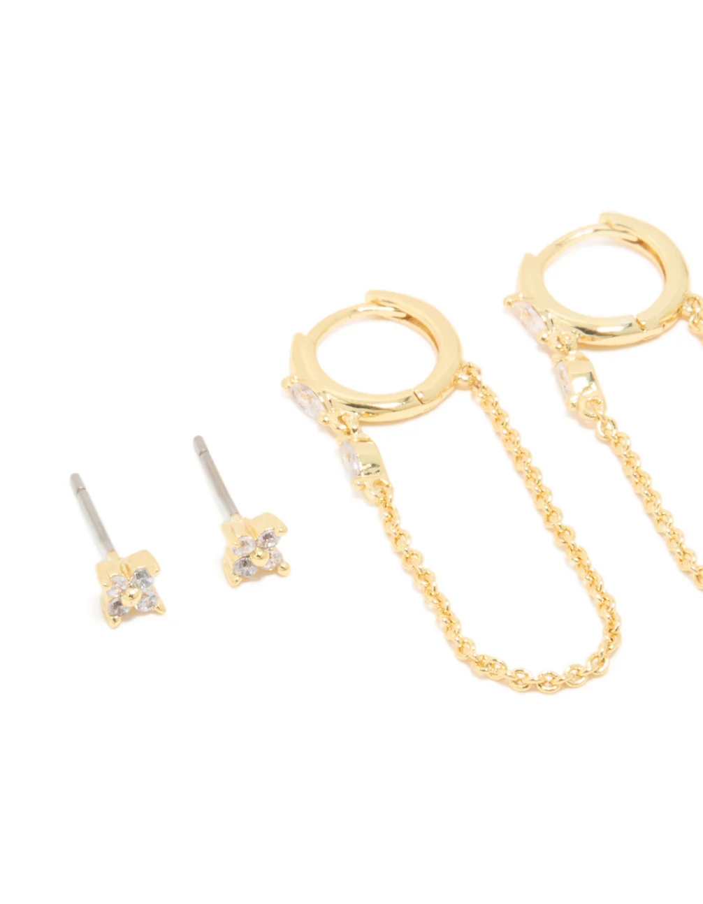 Gold Plated Cubic Zirconia Flower Studs & Huggie Earrings 4-Pack - Image 2