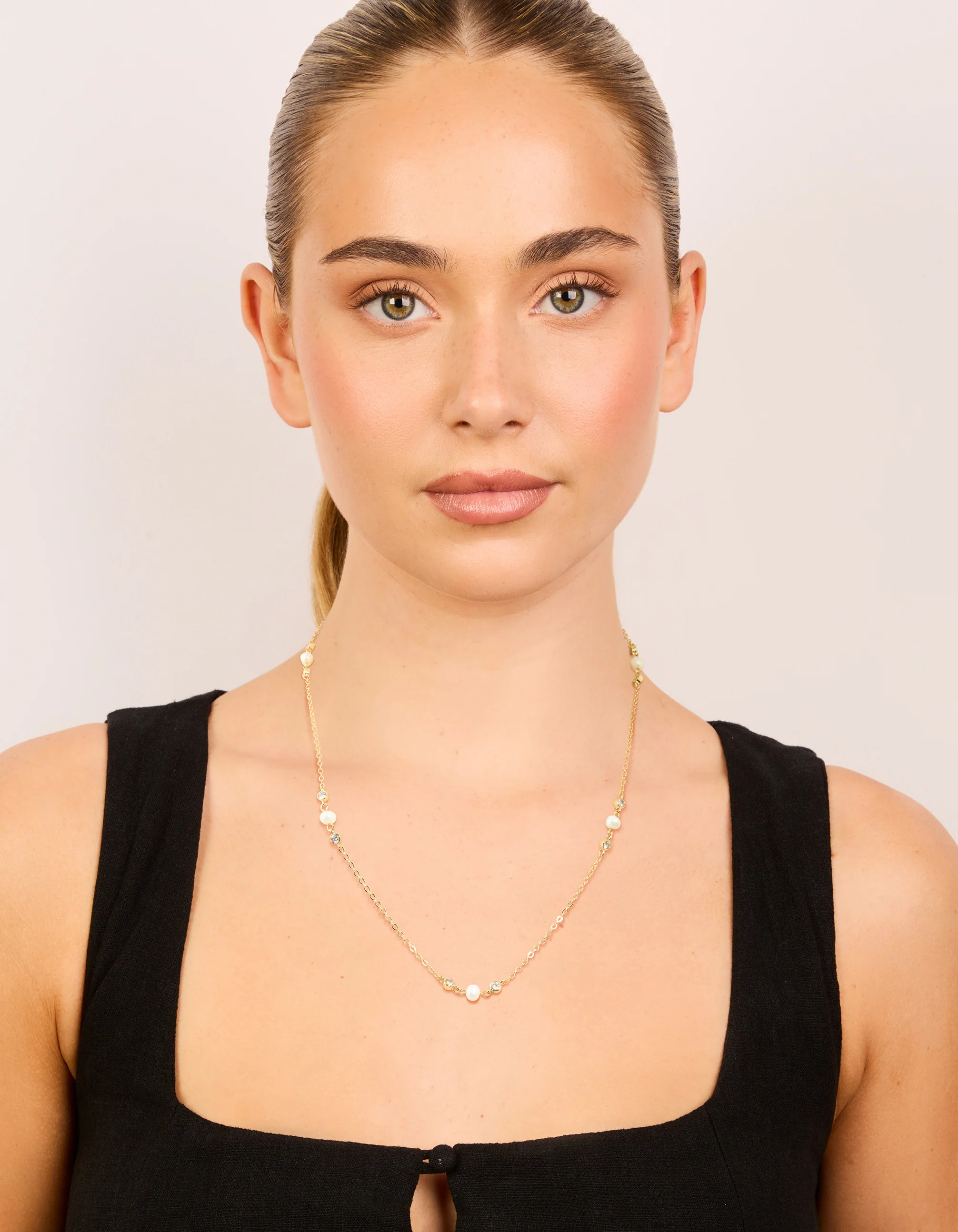 Gold Plated Cubic Zirconia & Freshwater Pearl Dainty Station Necklace - Image 3