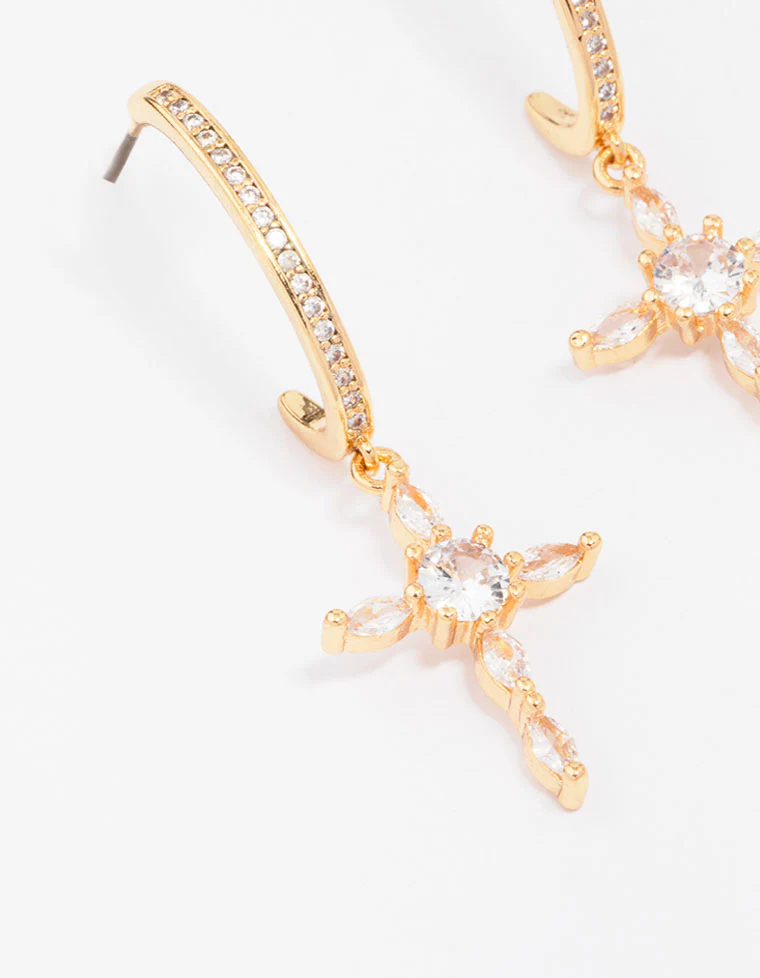 Gold Plated Cubic Zirconia Marquise Cross Drop Earrings - Image 2