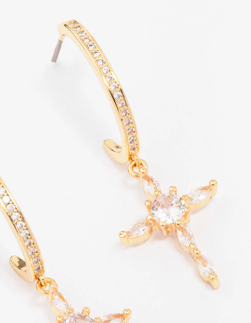 Gold Plated Cubic Zirconia Marquise Cross Drop Earrings - Image 3