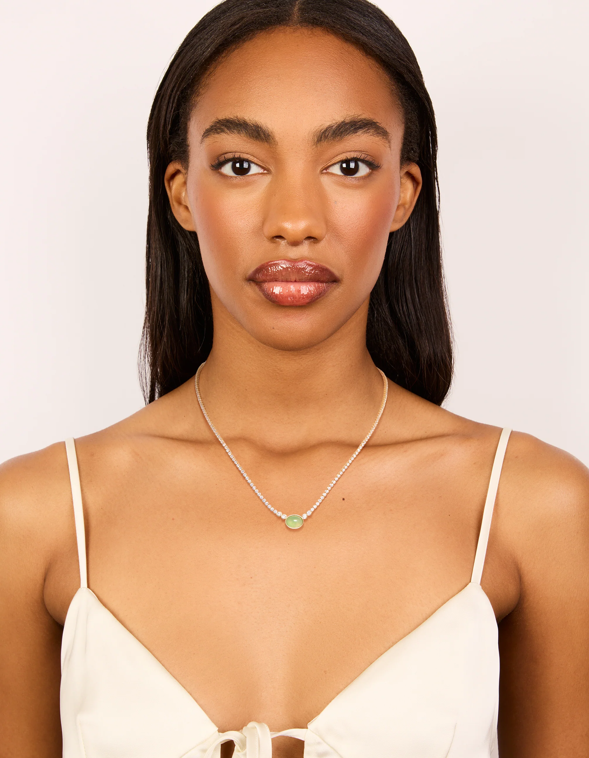 Gold Plated Cubic Zirconia Oval Green Semi Precious Stone Cup Chain Necklace - Image 3