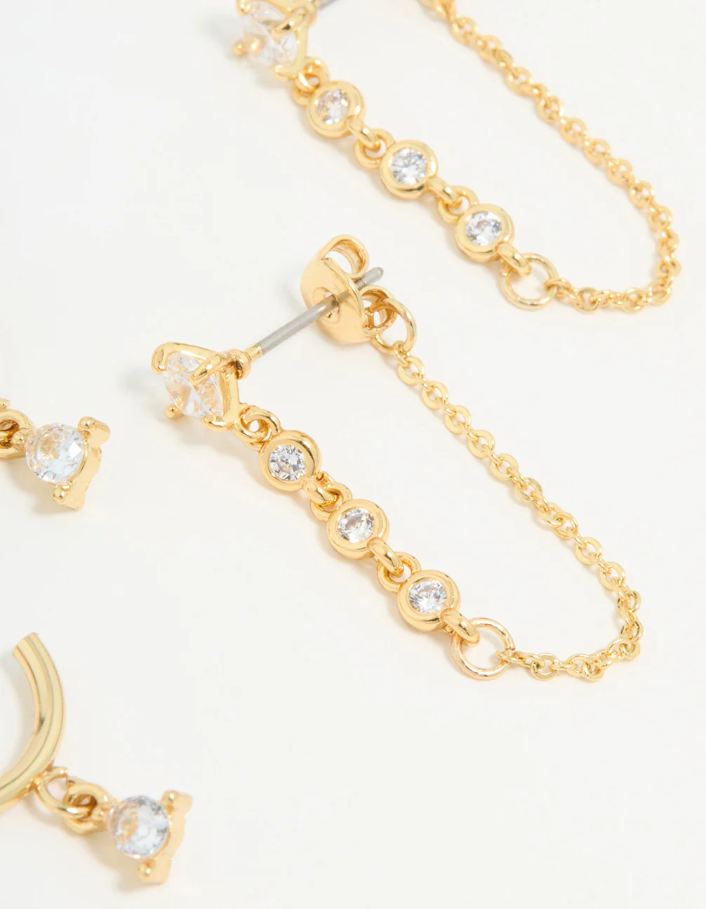 Gold Plated Cubic Zirconia Stud & Chain Earrings 2-Pack - Image 3