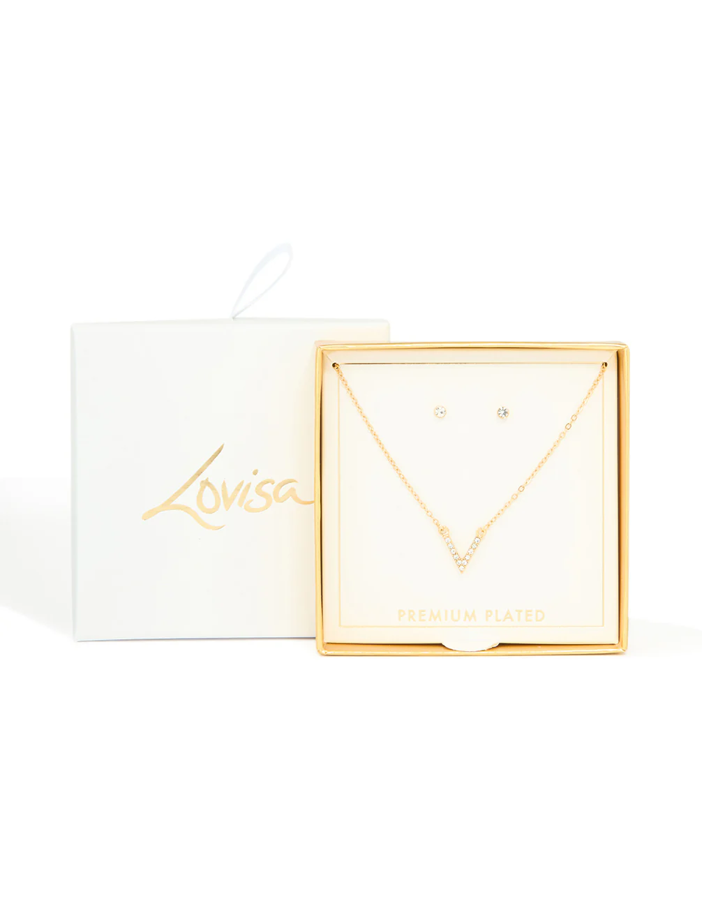 Gold Plated Cubic Zirconia V Pendant Necklace & Stud Earrings Set - Image 3
