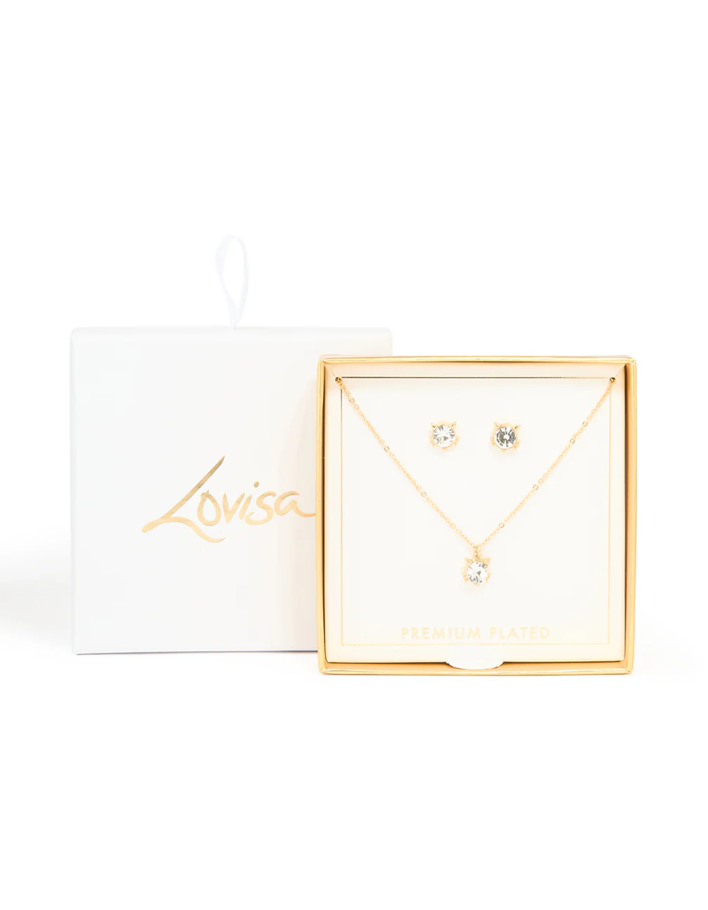Gold Plated Diamante Cat Ears Necklace & Cat Ear Stud Earrings Set - Image 3