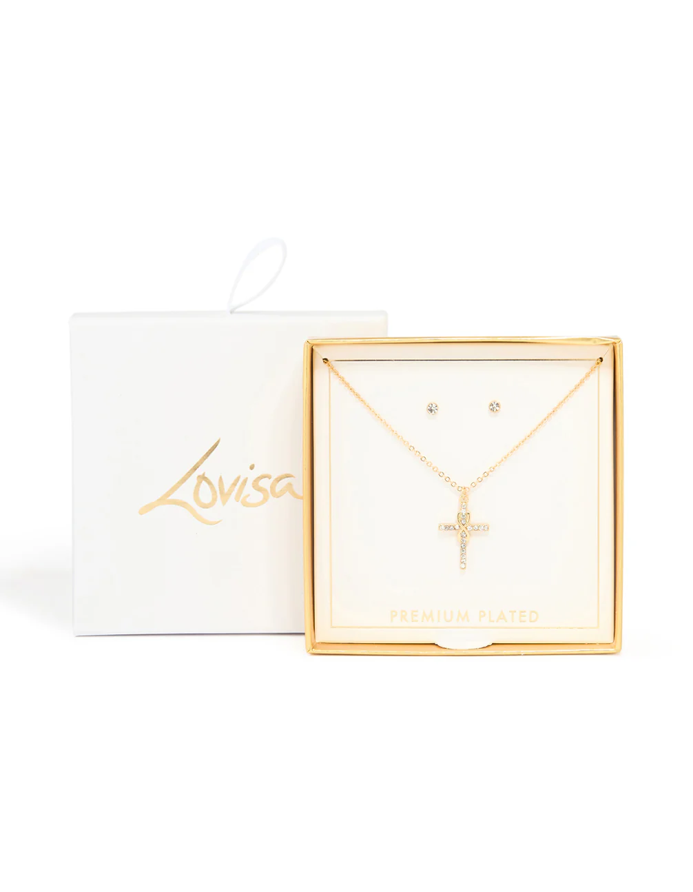 Gold Plated Diamante Cross Necklace & Classic Stud Earrings Set - Image 3