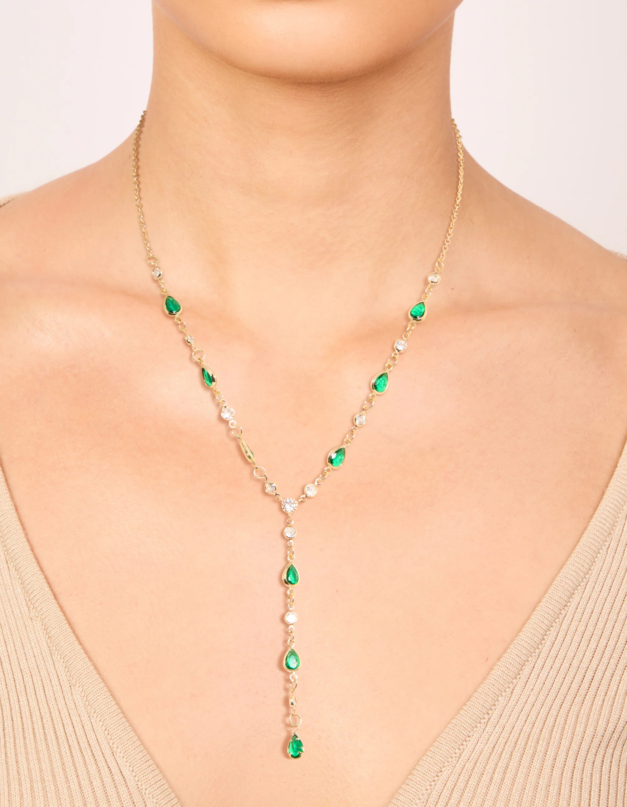 Gold Plated Emerald Cubic Zirconia Y-Necklace - Image 2