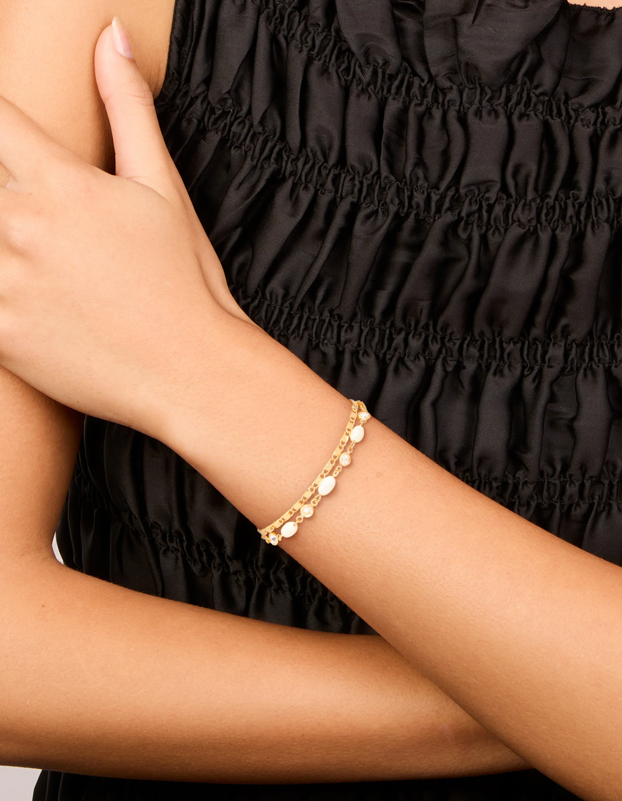 Gold Plated Freshwater Pearl Cubic Zirconia & Chain Bracelets 2-Pack - Image 6