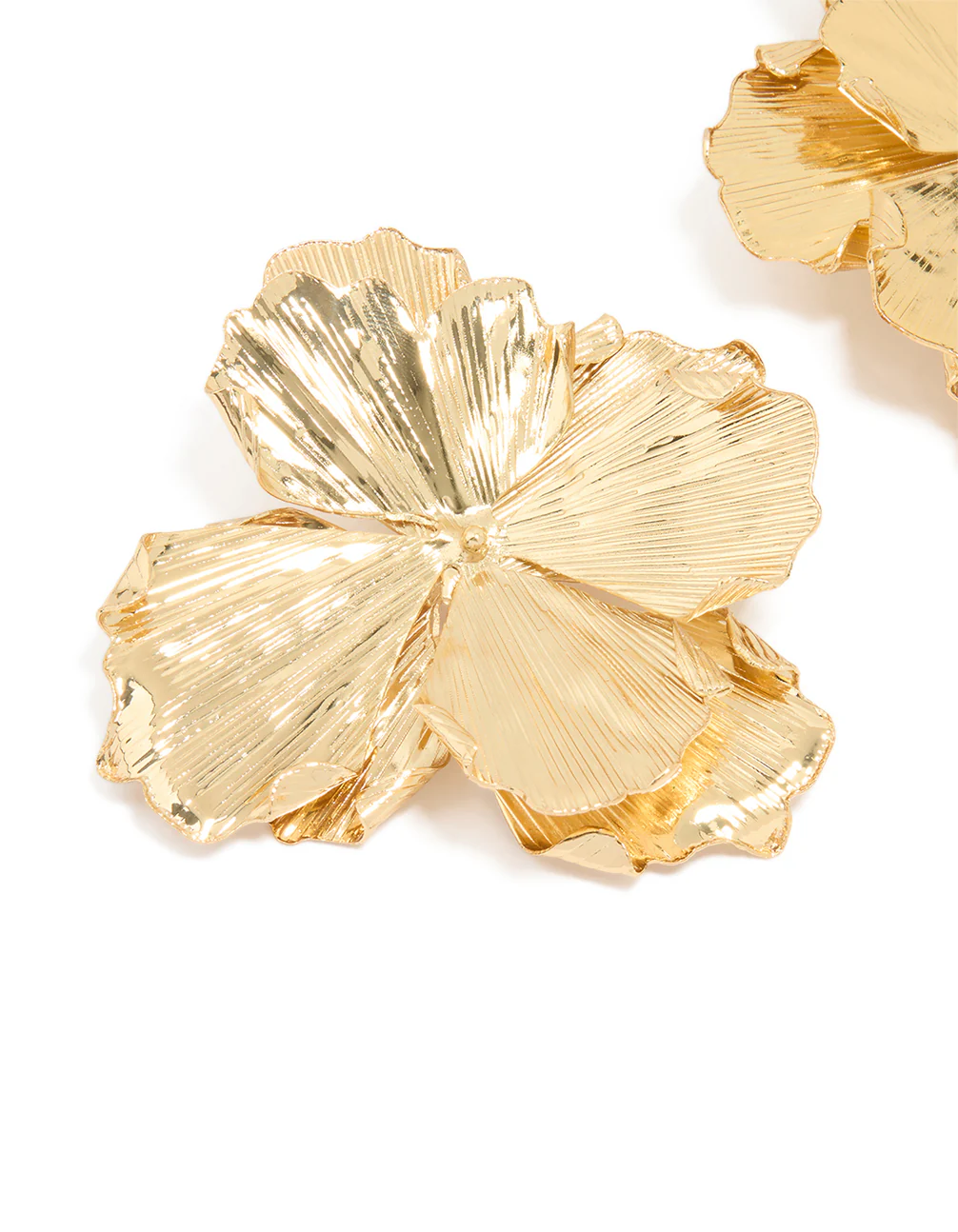 Gold Plated Large Organic Petal Flower Earrings - Image 2