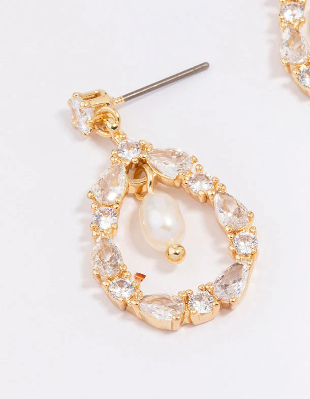 Gold Plated Marquise Encased Pearl Drop Earrings - Image 2