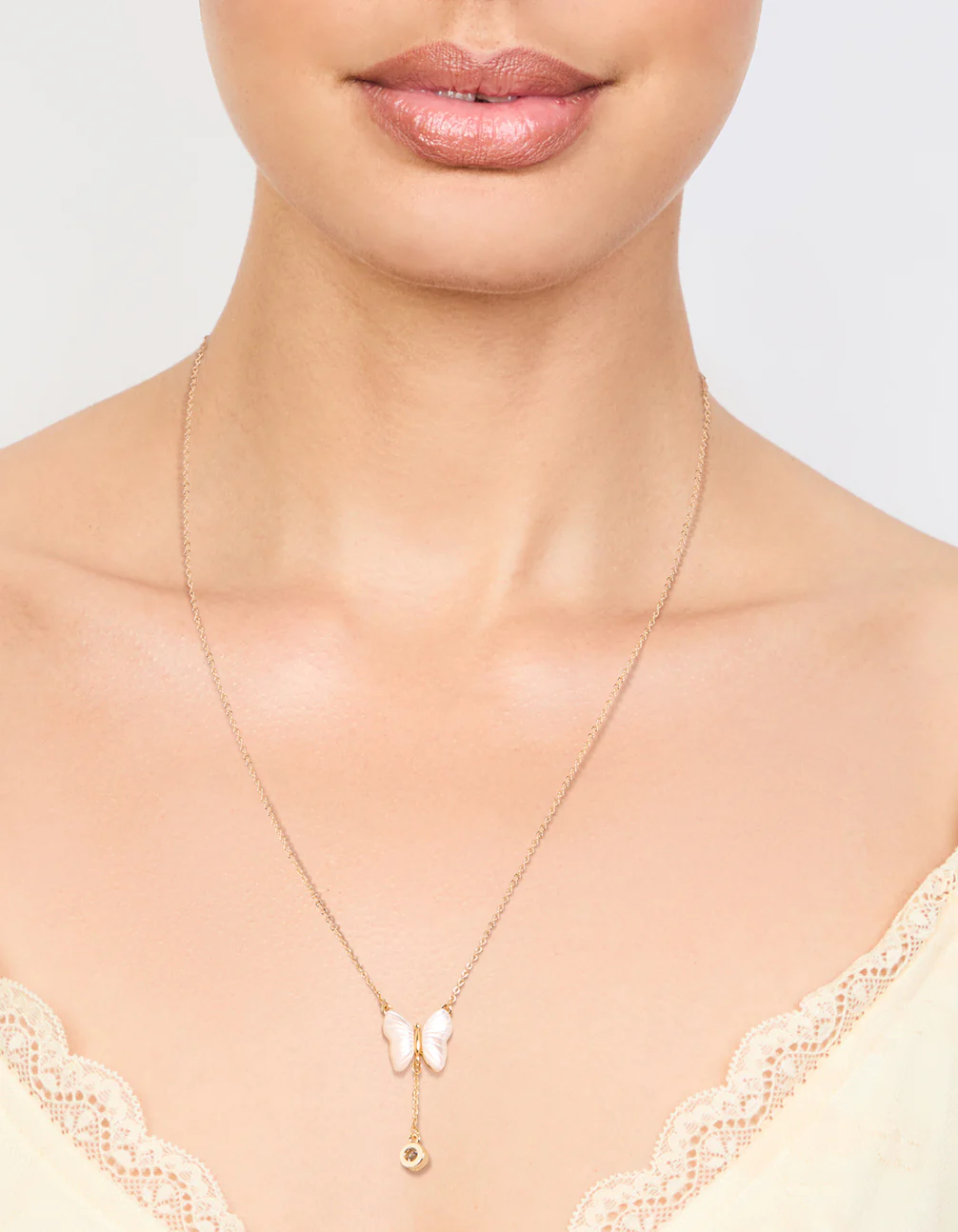 Gold Plated Mother Of Pearl & Cubic Zirconia Butterfly Y-Necklace - Image 2
