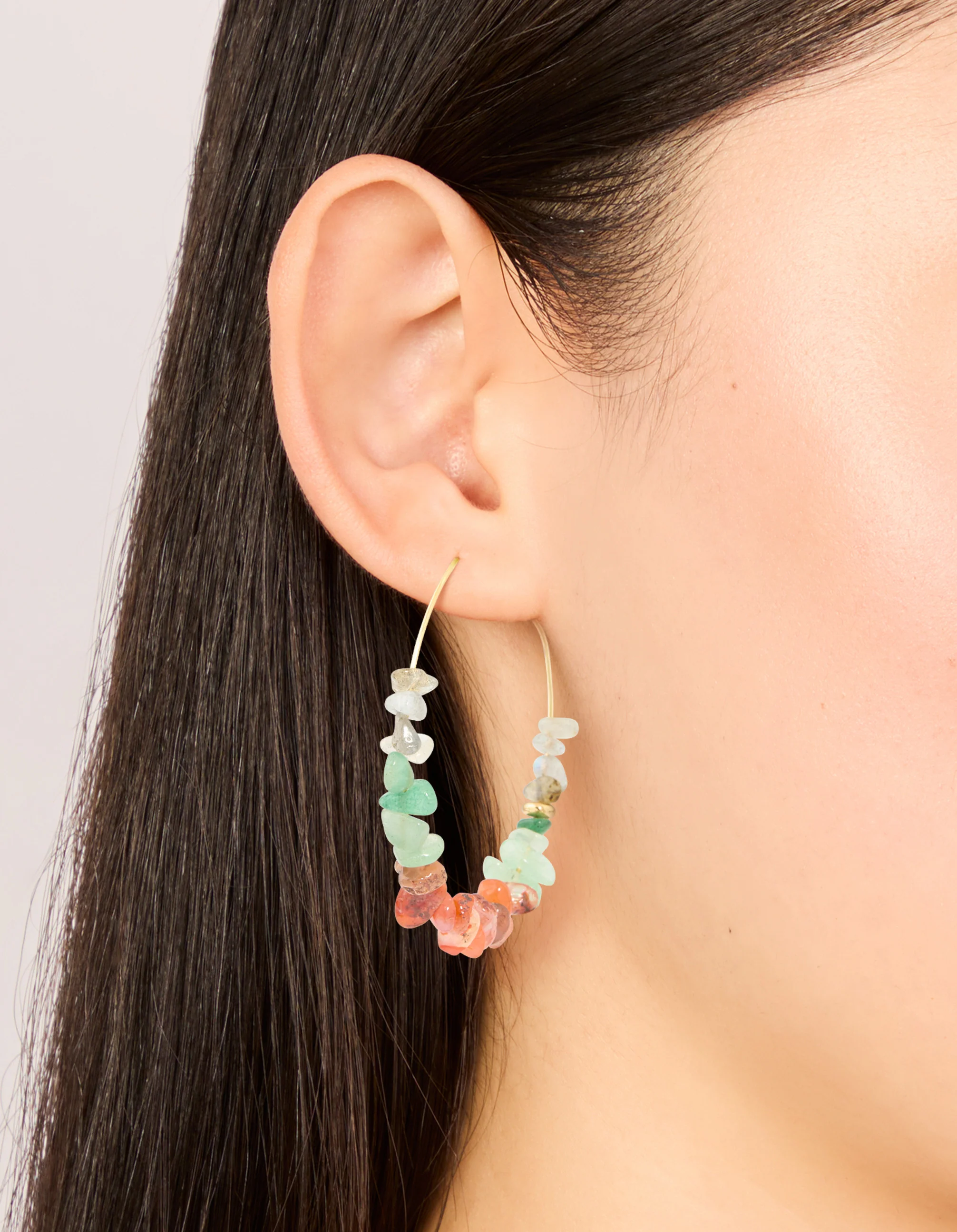Gold Plated Multicoloured Semi Precious Stone Chip Hoop Earrings - Image 6