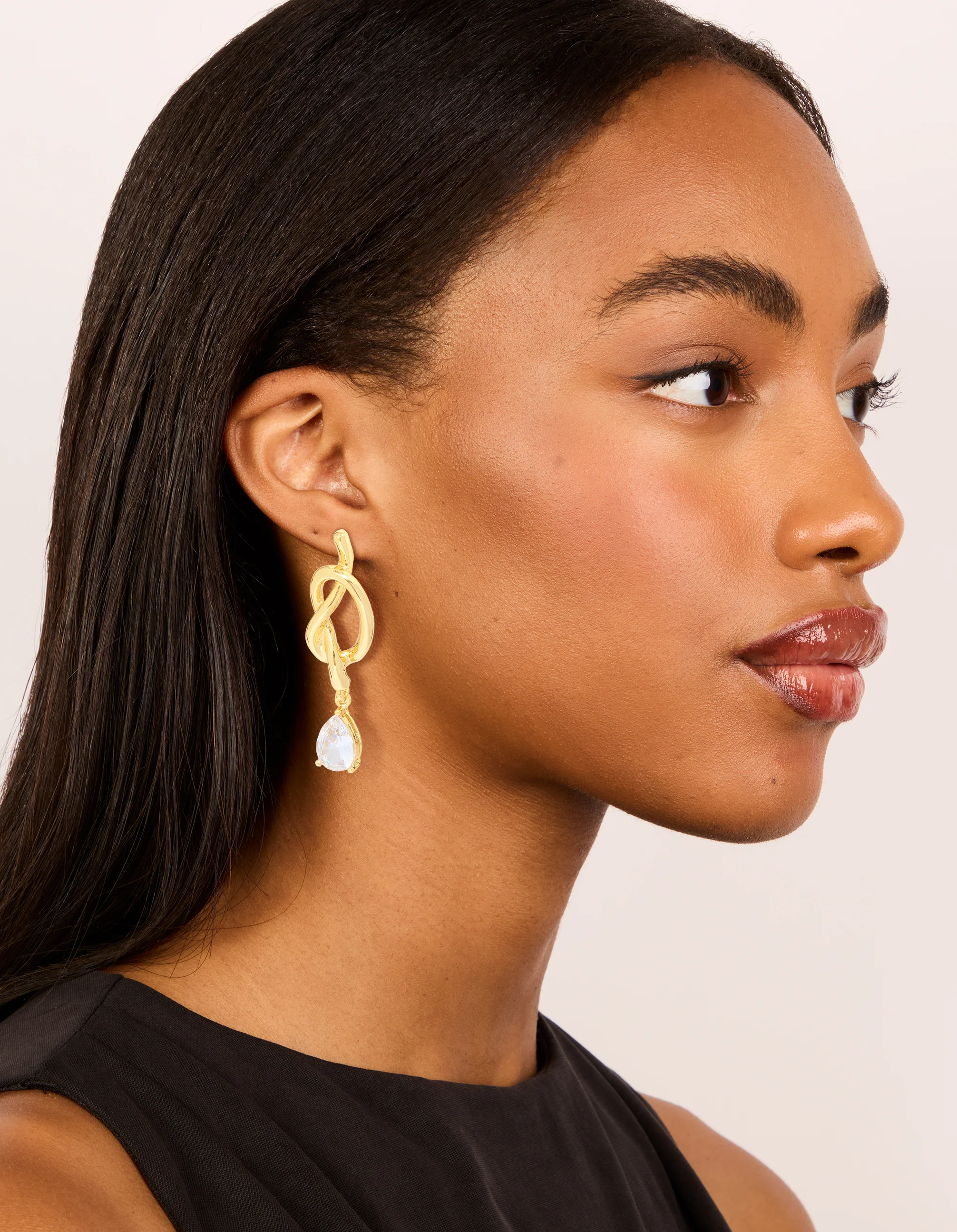 Gold Plated Pear Diamante & Knotted Drop Earrings - Image 3
