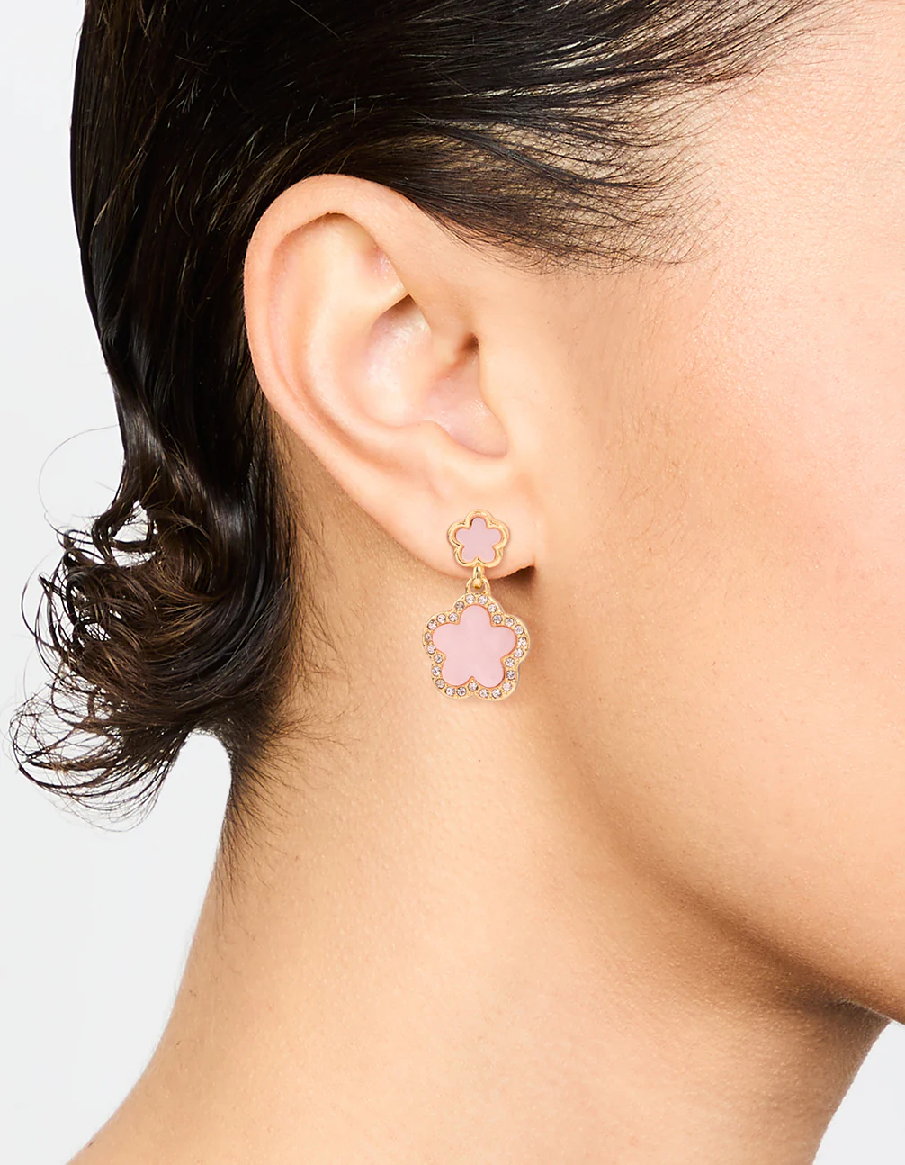 Gold Plated Pink Flower Drop Earrings - Image 2