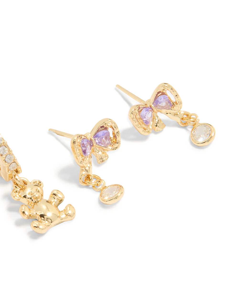 Gold Plated Purple Cubic Zirconia Dainty Bow & Stud Earrings 3-Pack - Image 3