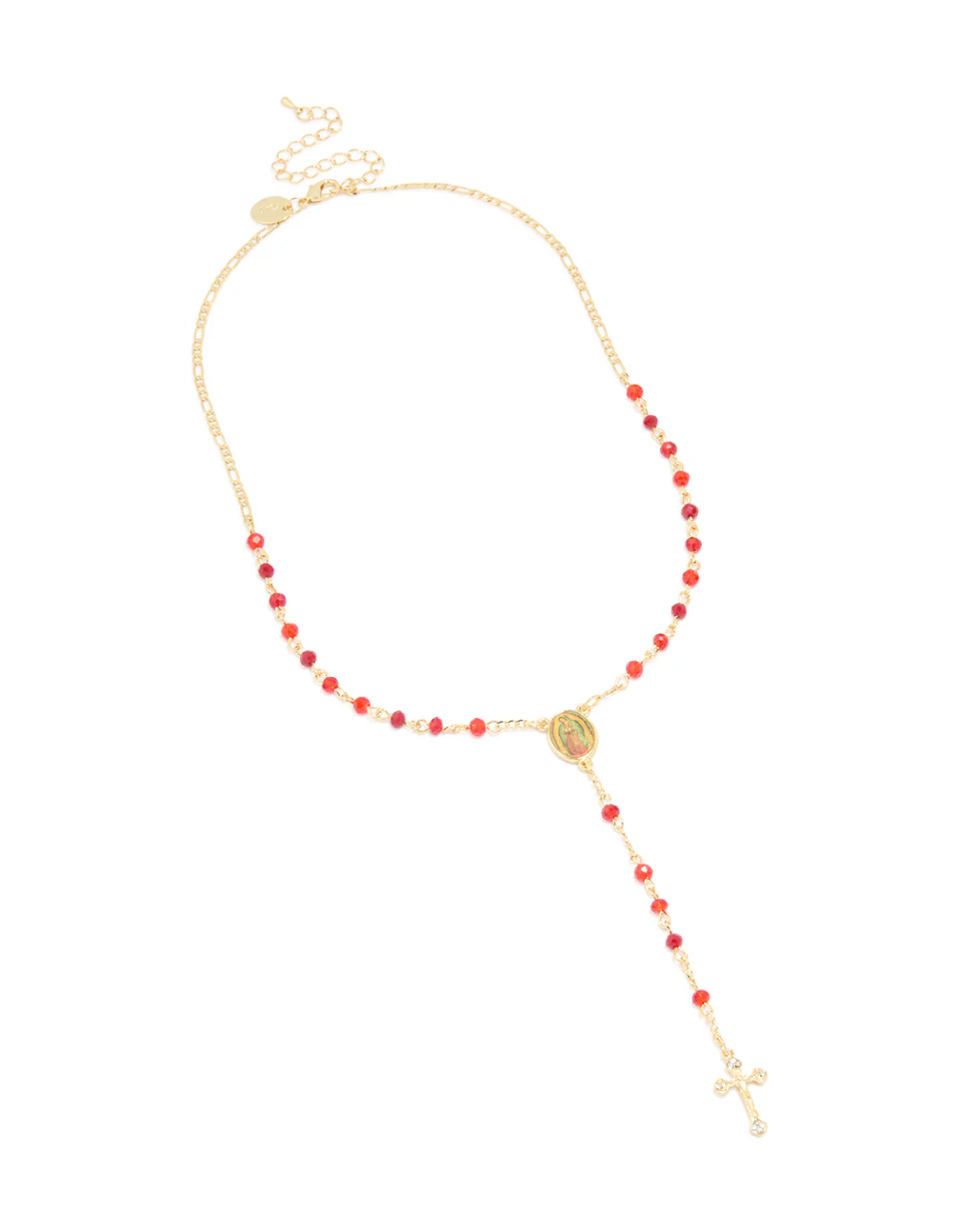 Gold Plated Red Beaded Cross Mary Lariat Necklace - Image 2